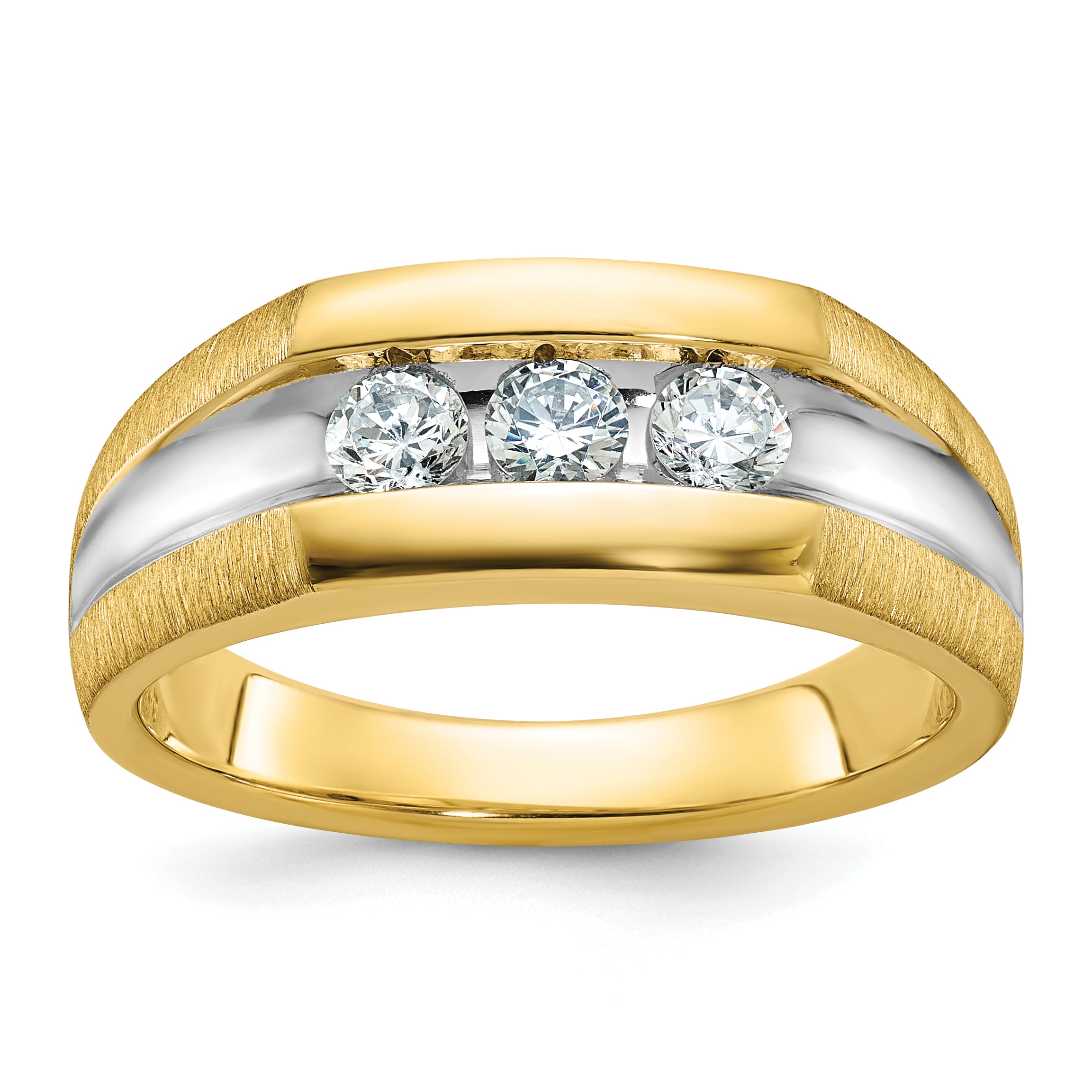 14k Mens Polished Satin and Grooved 3-Stone Ring Mounting, Mounting Only - Sophia Jewelers Main image