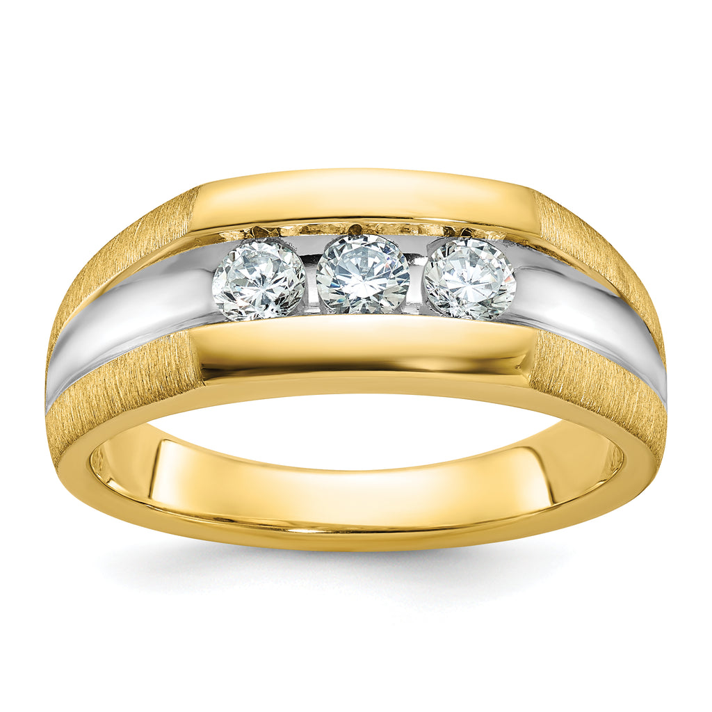 14k Mens Polished Satin and Grooved 3-Stone Ring Mounting, Mounting Only - Sophia Jewelers