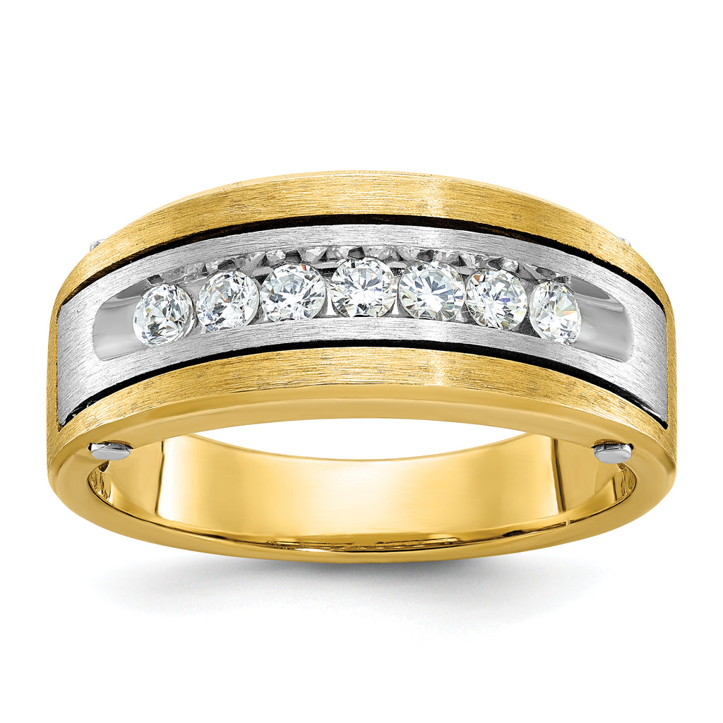 14k Two-tone Mens Polished Satin and Grooved 7-Stone Ring Mounting, Mounting Only - Sophia Jewelers