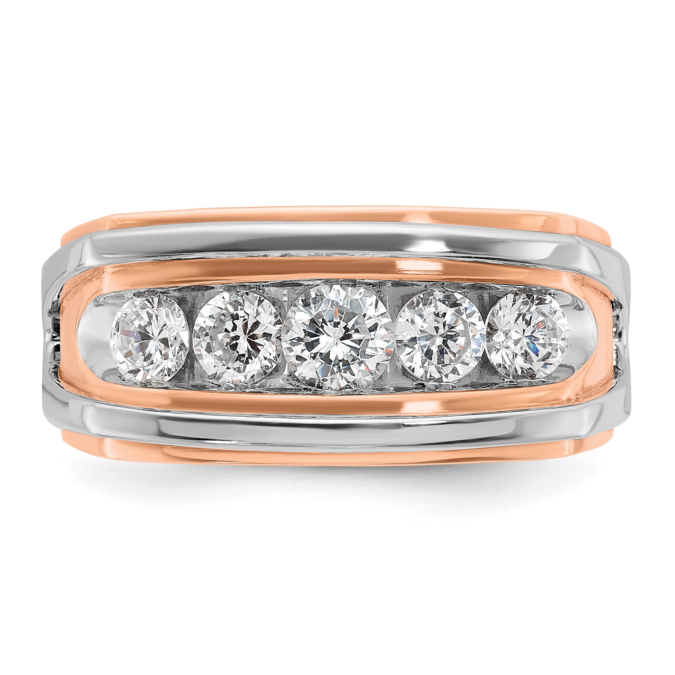 14k White and Rose Gold Mens Polished Channel-set 5-Stone 1 Carat AA Diamond Ring - Sophia Jewelers