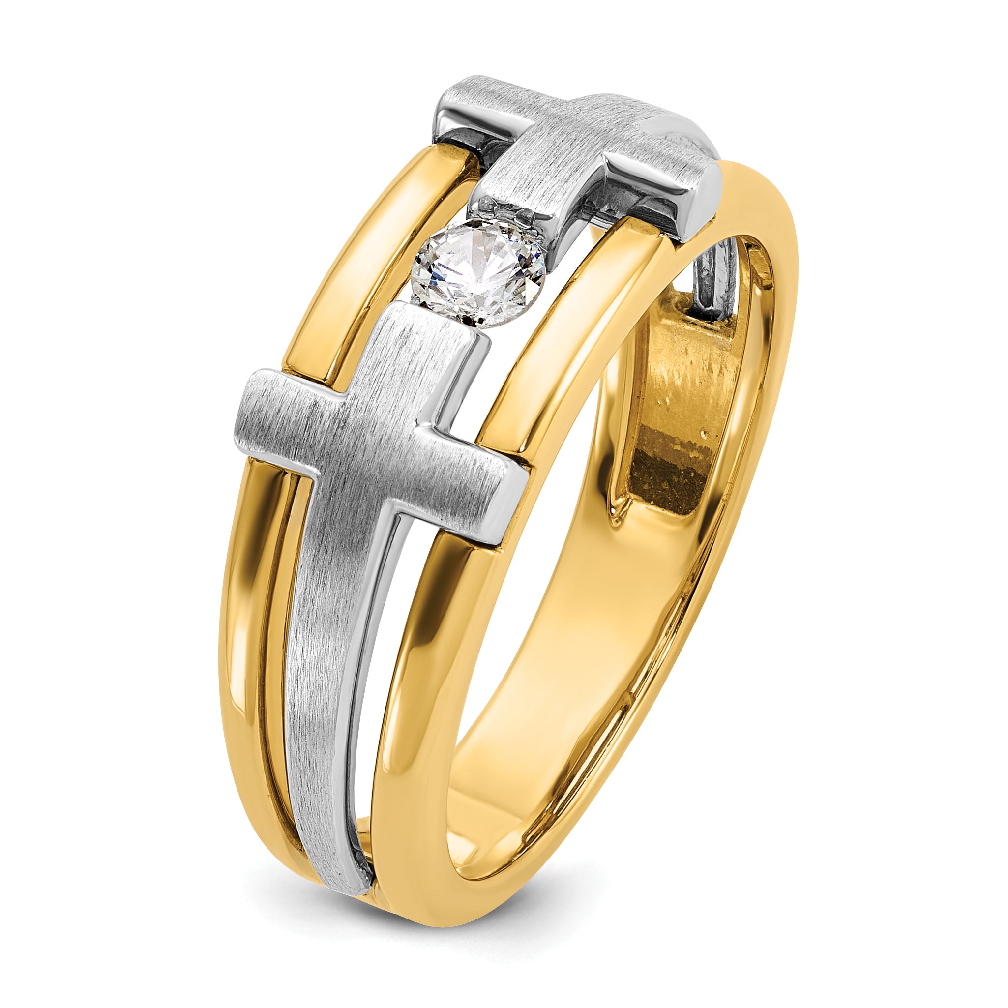 14k Two-tone Men's Polished Satin and Cut-Out 1/5 Carat AA Quality Diamond Cross Ring - Sophia Jewelers