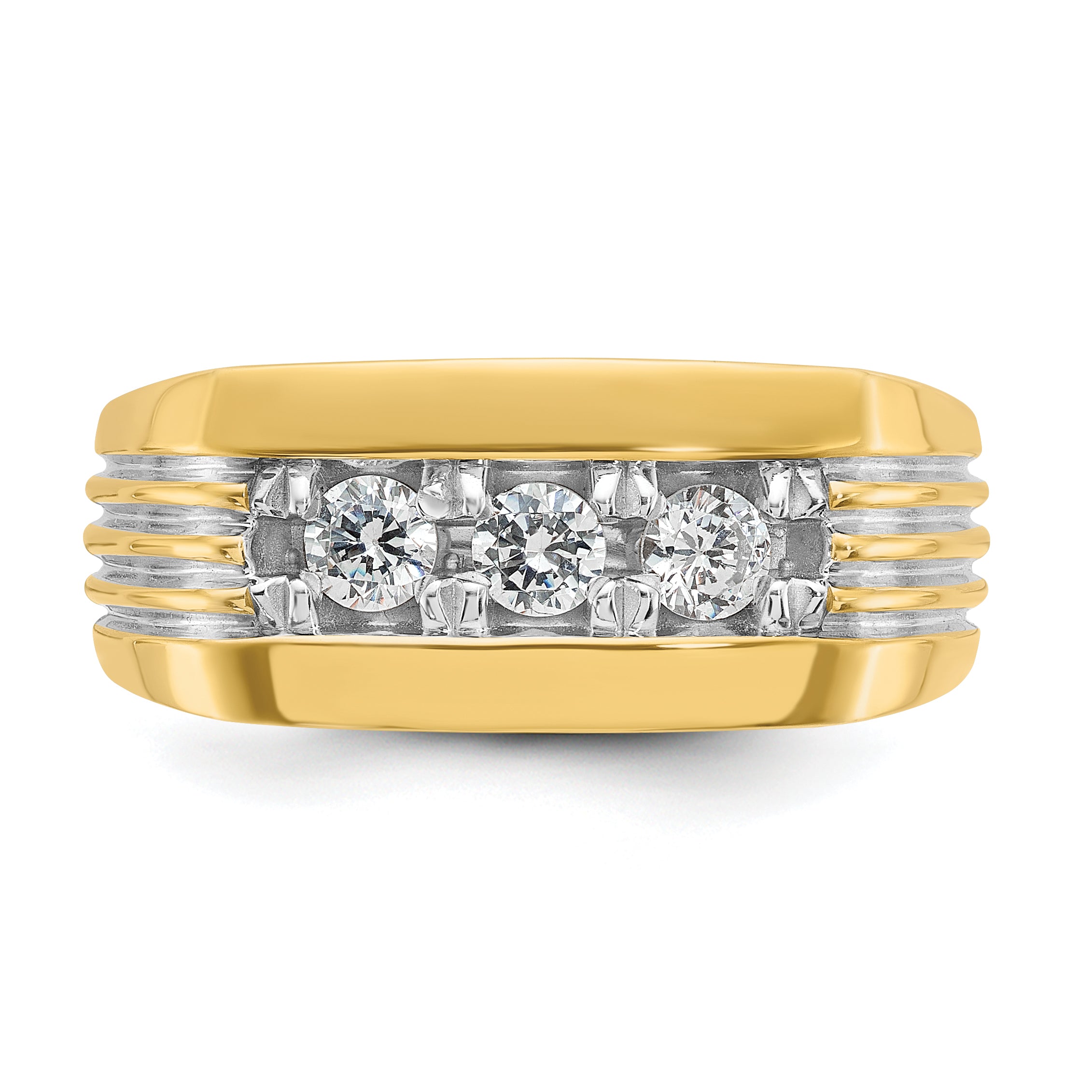 14k Mens Polished and Grooved 3-Stone Ring Mounting, Mounting Only - Sophia Jewelers