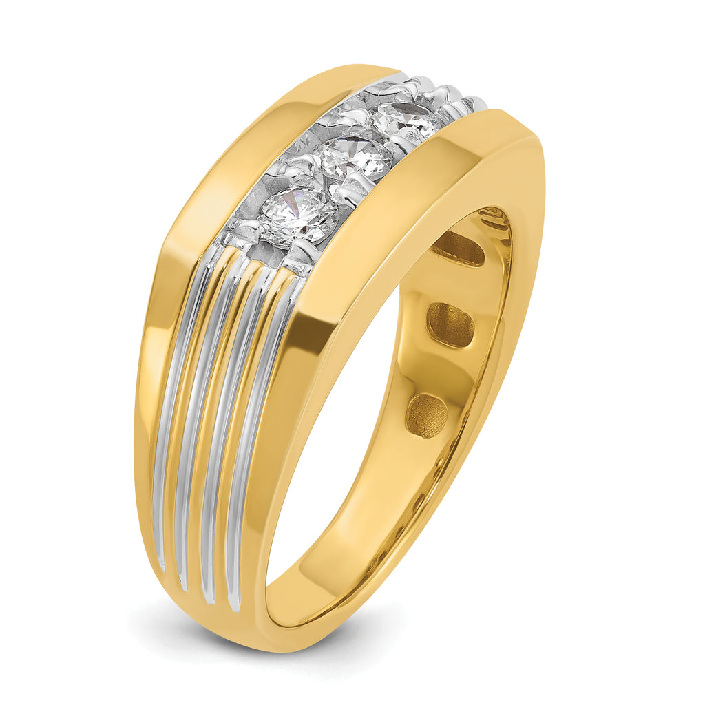 14k Mens Polished and Grooved 3-Stone Ring Mounting, Mounting Only - Sophia Jewelers
