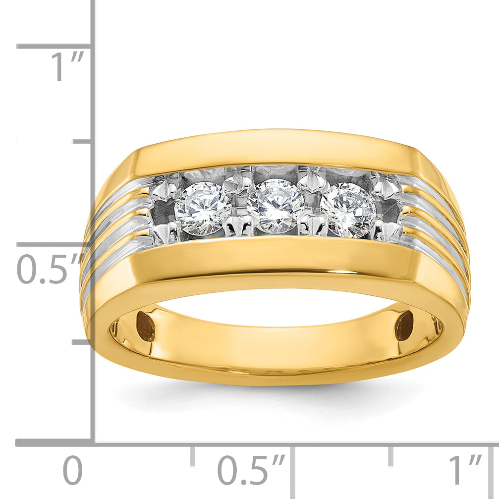 14k with White Rhodium Men's Polished and Grooved 3-Stone 1/2 Carat AA Quality Diamond Ring - Sophia Jewelers