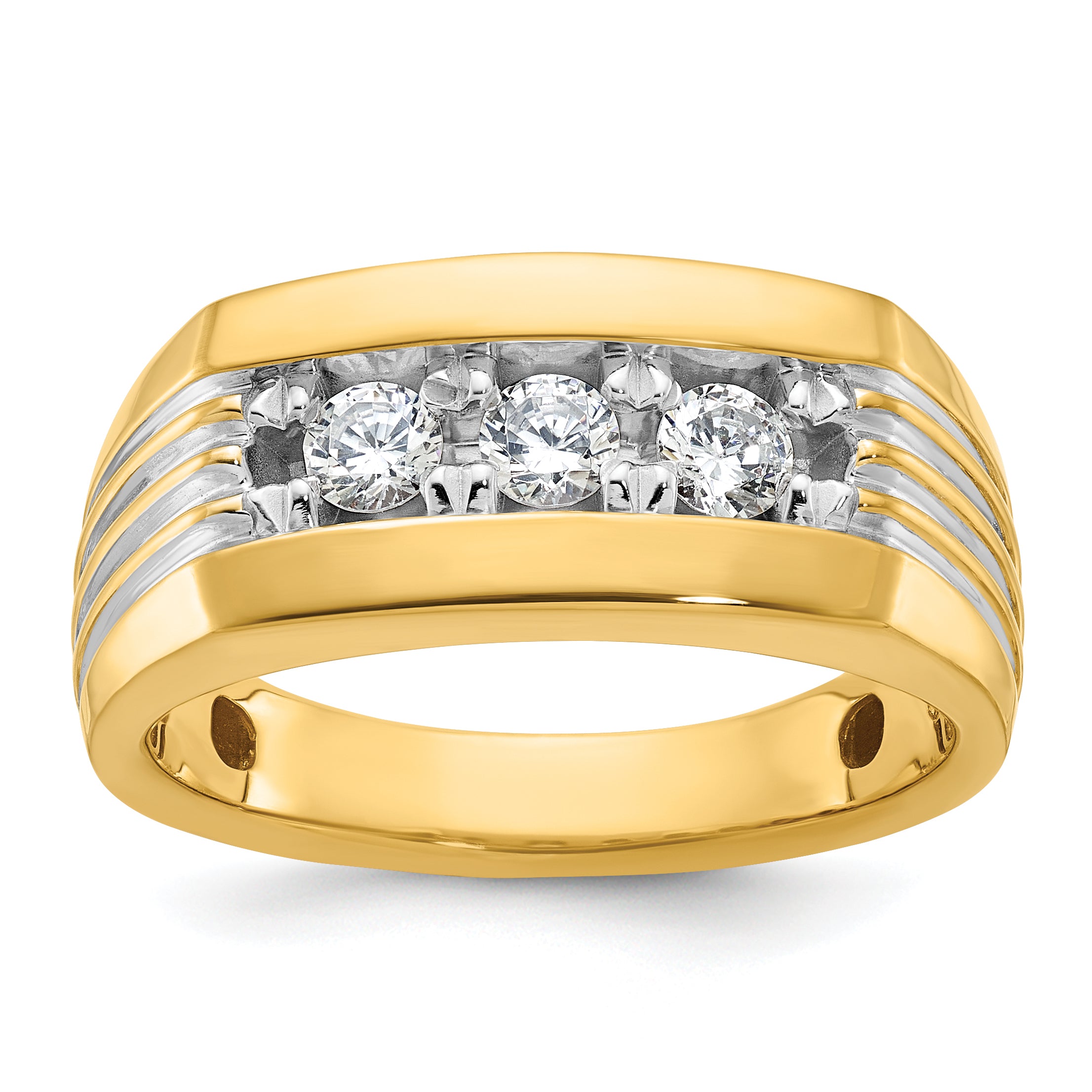 14k Mens Polished and Grooved 3-Stone Ring Mounting, Mounting Only - Sophia Jewelers Main image