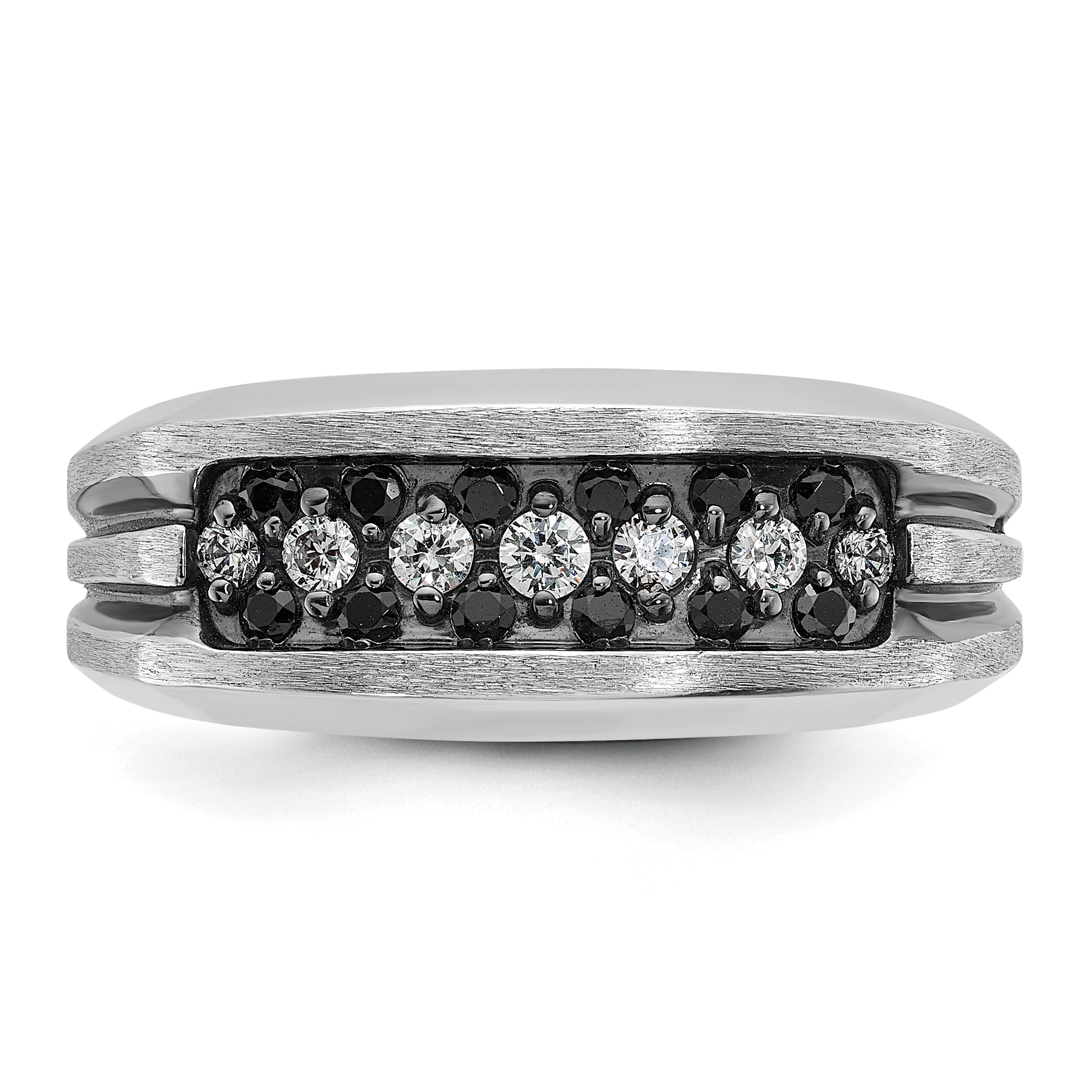 10k White Gold with Black Rhodium Men's Polished Satin and Grooved 1/2 Carat A Quality Black and White Diamond Ring