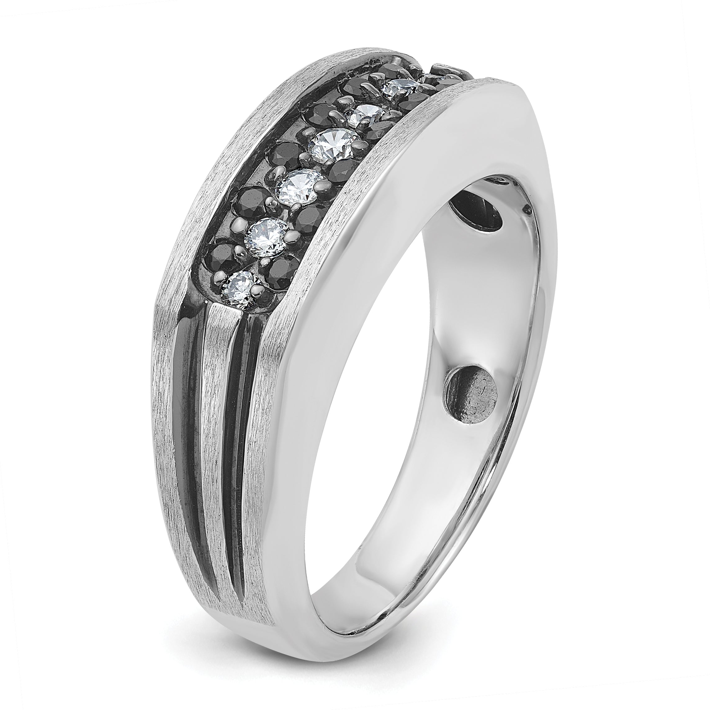 10k White Gold with Black Rhodium Men's Polished Satin and Grooved 1/2 Carat A Quality Black and White Diamond Ring