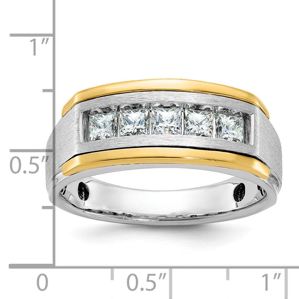 14k Two-tone Men's Polished Satin and Grooved Square 5-Stone 1 Carat AA Quality Diamond Ring - Sophia Jewelers