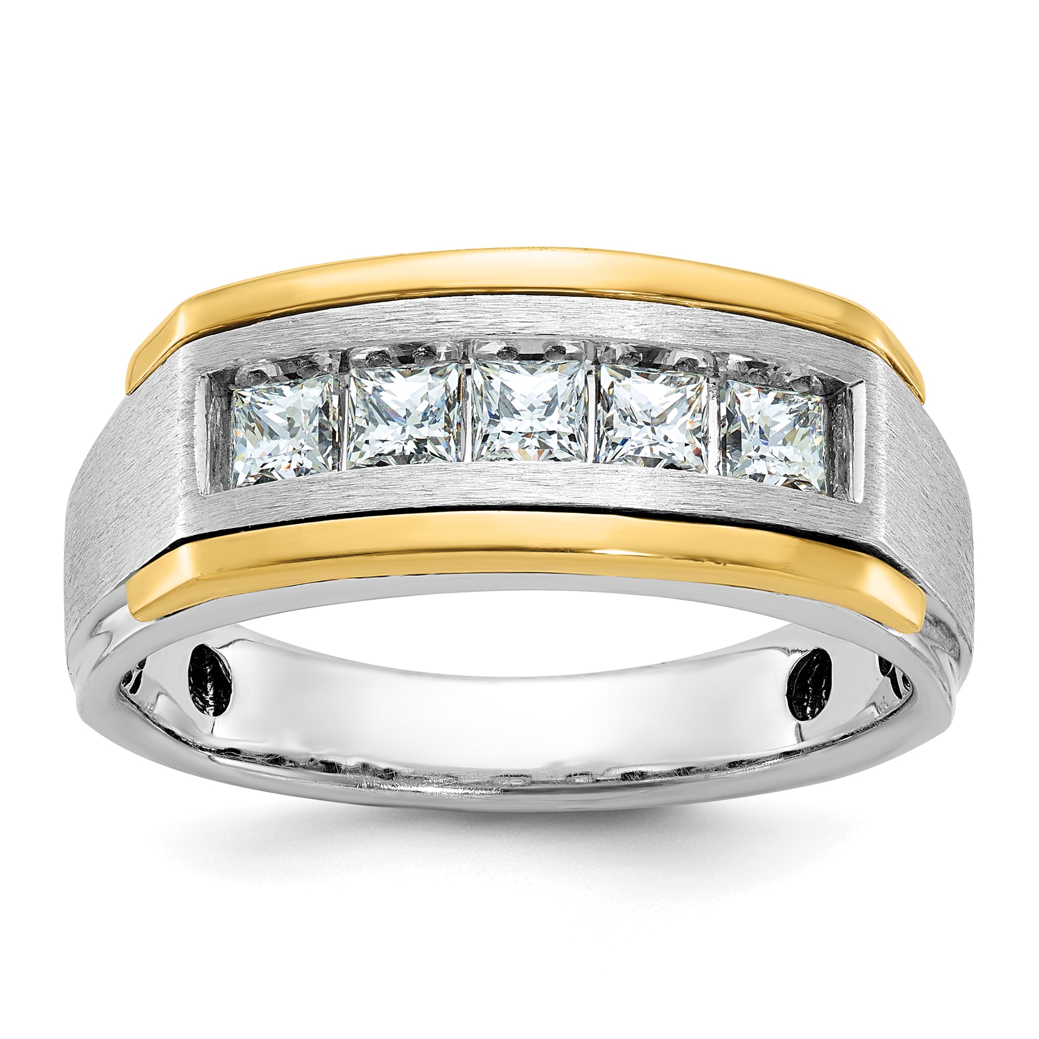 14k Two-tone Men's Polished Satin and Grooved Square 5-Stone 1 Carat AA Quality Diamond Ring - Sophia Jewelers