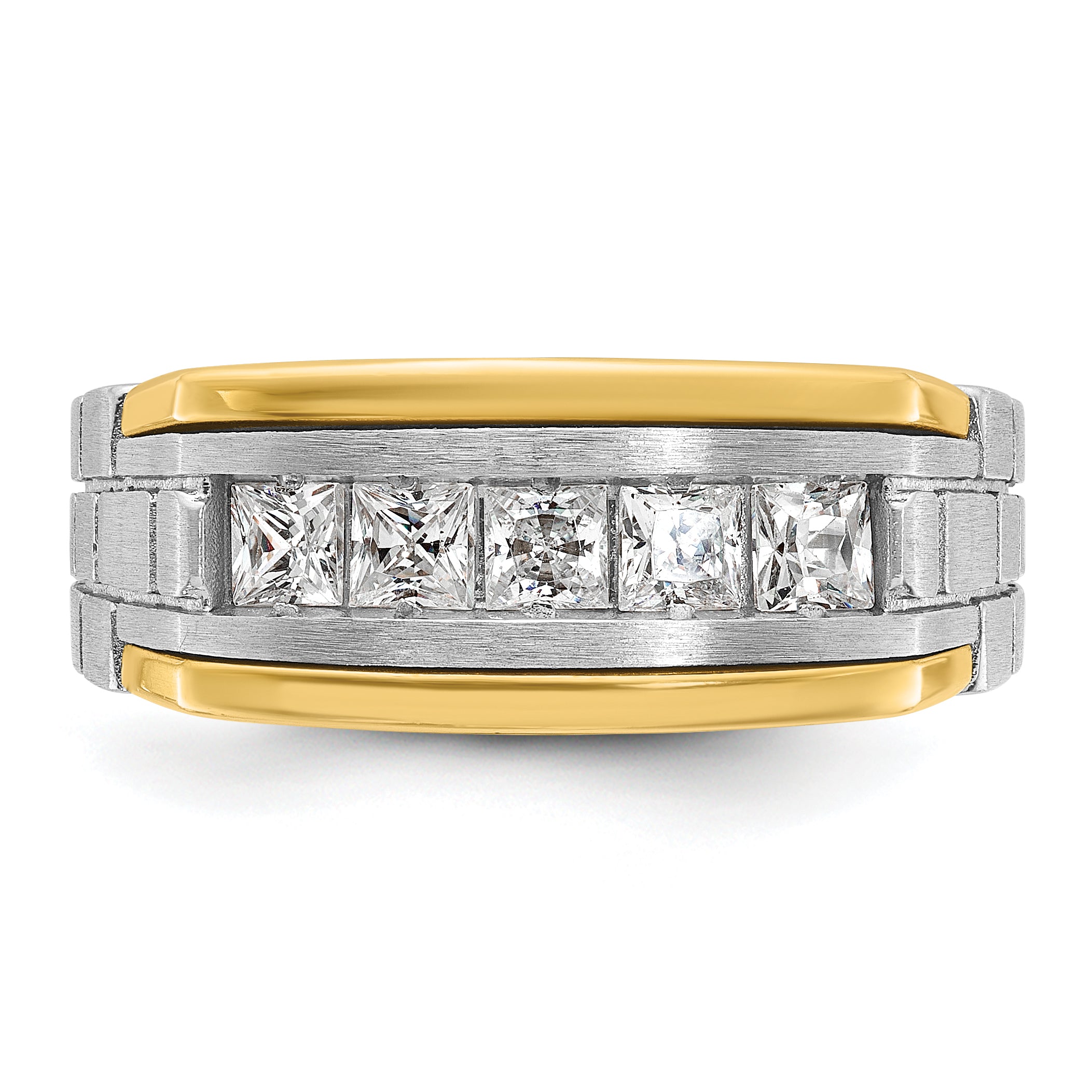 14k Two-tone Men's Polished Satin and Grooved Square 5-Stone Ring Mounting, Mounting Only - Sophia Jewelers