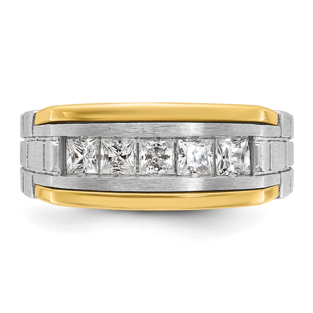 14k Two-tone Men's Polished Satin and Grooved 5-Stone 1 Carat Square AA Quality Diamond Ring - Sophia Jewelers