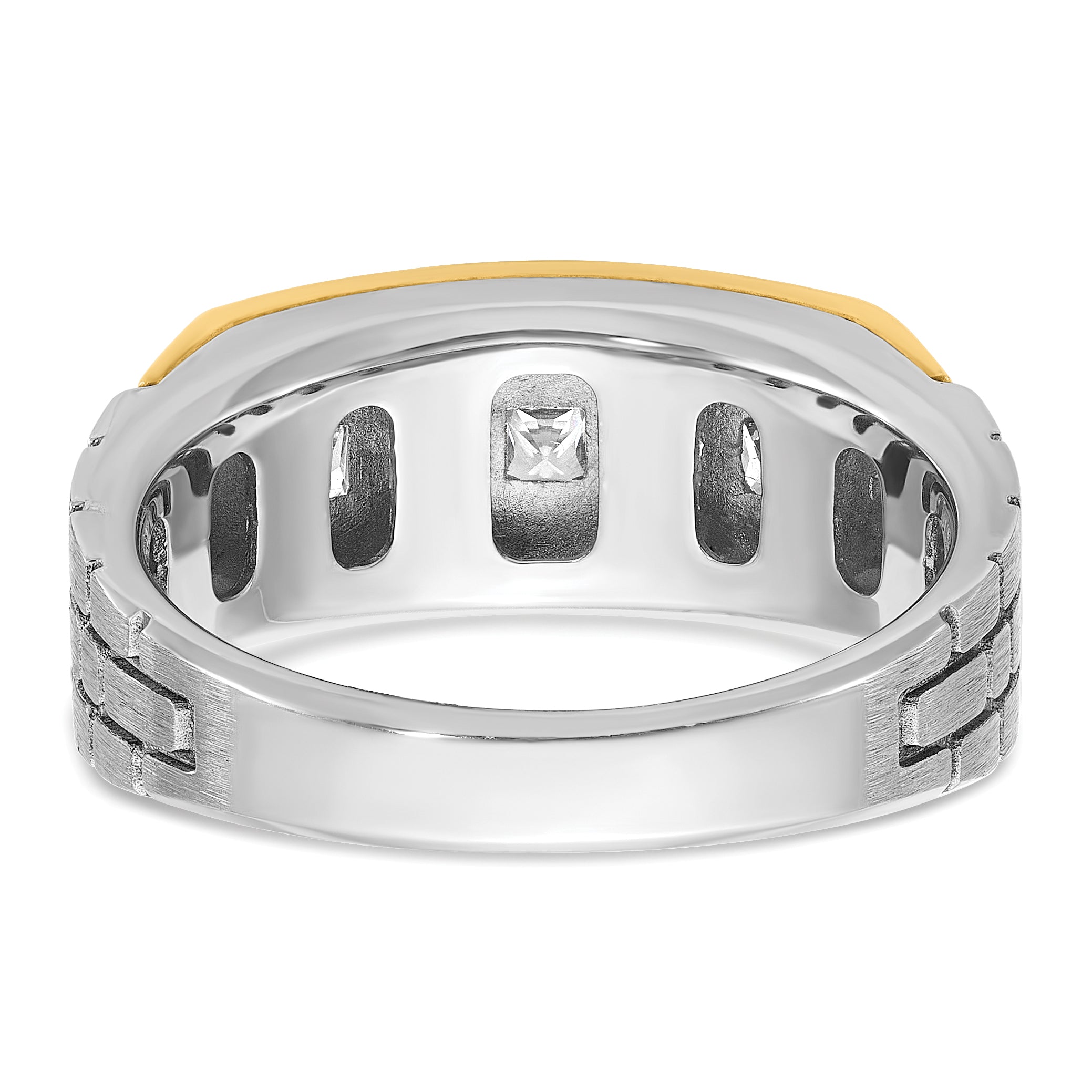 14k Two-tone Men's Polished Satin and Grooved 5-Stone 1 Carat Square AA Quality Diamond Ring - Sophia Jewelers