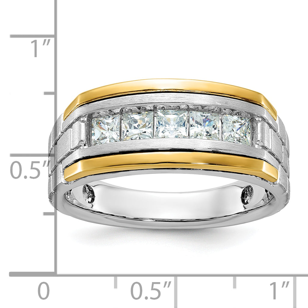 14k Two-tone Men's Polished Satin and Grooved 5-Stone 1 Carat Square AA Quality Diamond Ring - Sophia Jewelers