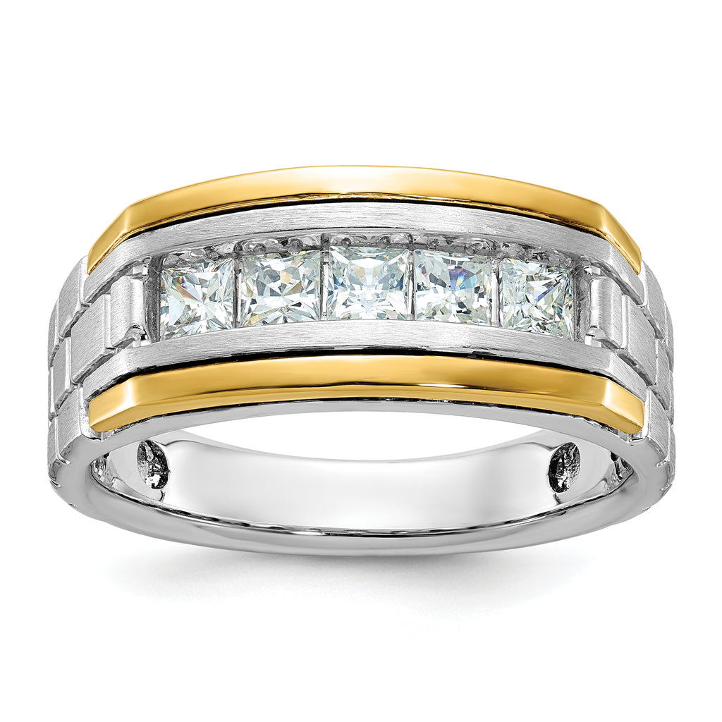 14k Two-tone Men's Polished Satin and Grooved 5-Stone 1 Carat Square AA Quality Diamond Ring - Sophia Jewelers