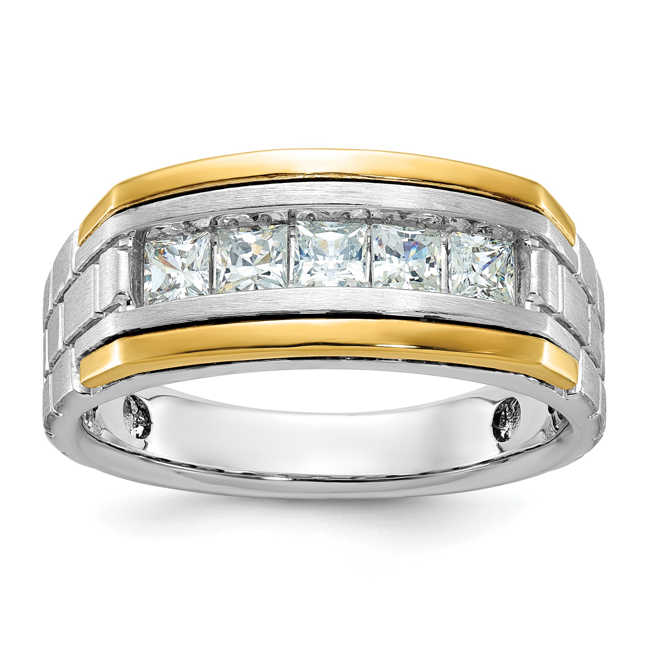 14k Two-tone Men's Polished Satin and Grooved 5-Stone 1 Carat Square AA Quality Diamond Ring - Sophia Jewelers