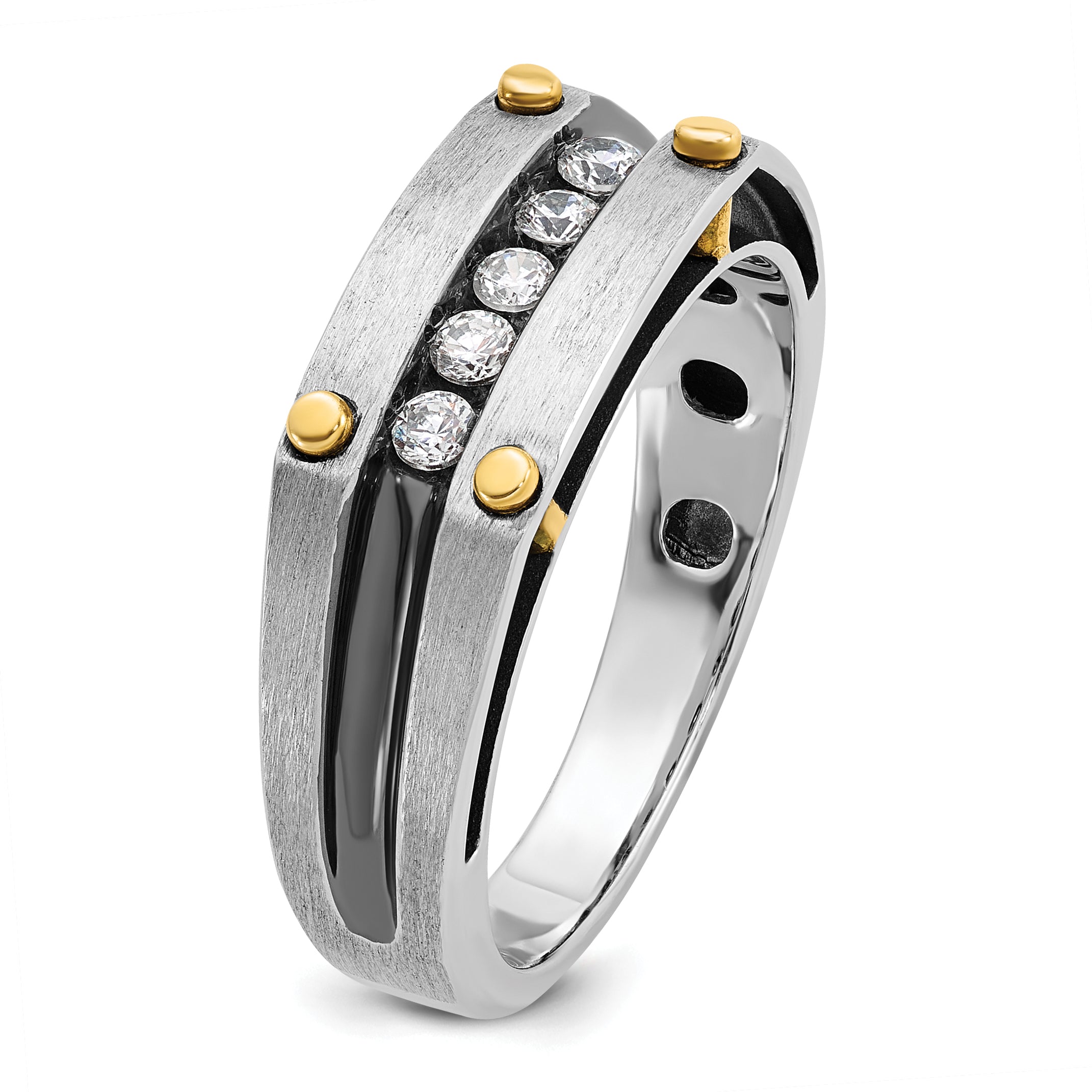 14k Two-tone with Black Rhodium Men's Polished Satin and Grooved 5-Stone 1/4 Carat AA Quality Diamon - Sophia Jewelers