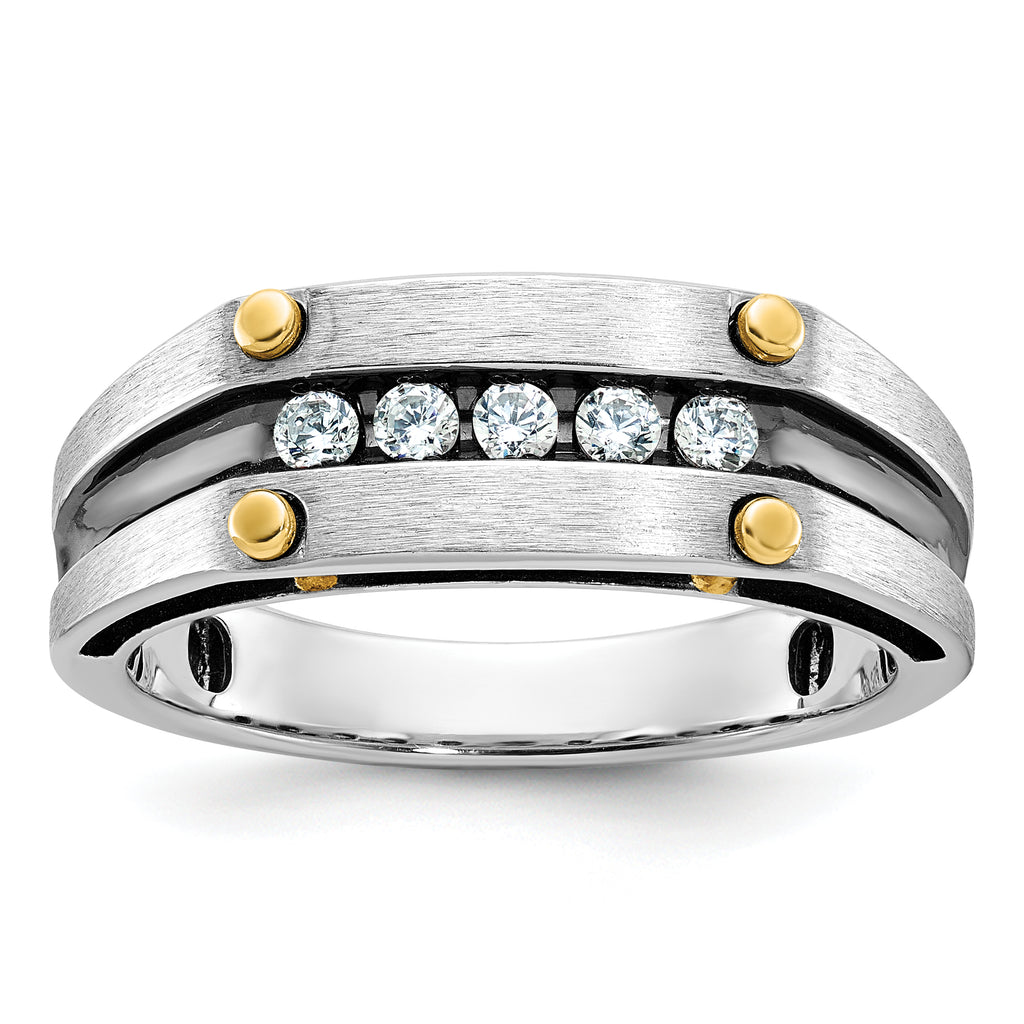 14k Two-tone Men's Polished Satin and Grooved 5-Stone Ring Mounting, Mounting Only - Sophia Jewelers