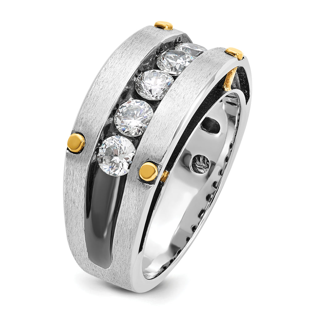 14k Two-tone Men's Polished Satin and Grooved 5-Stone Ring Mounting, Mounting Only - Sophia Jewelers