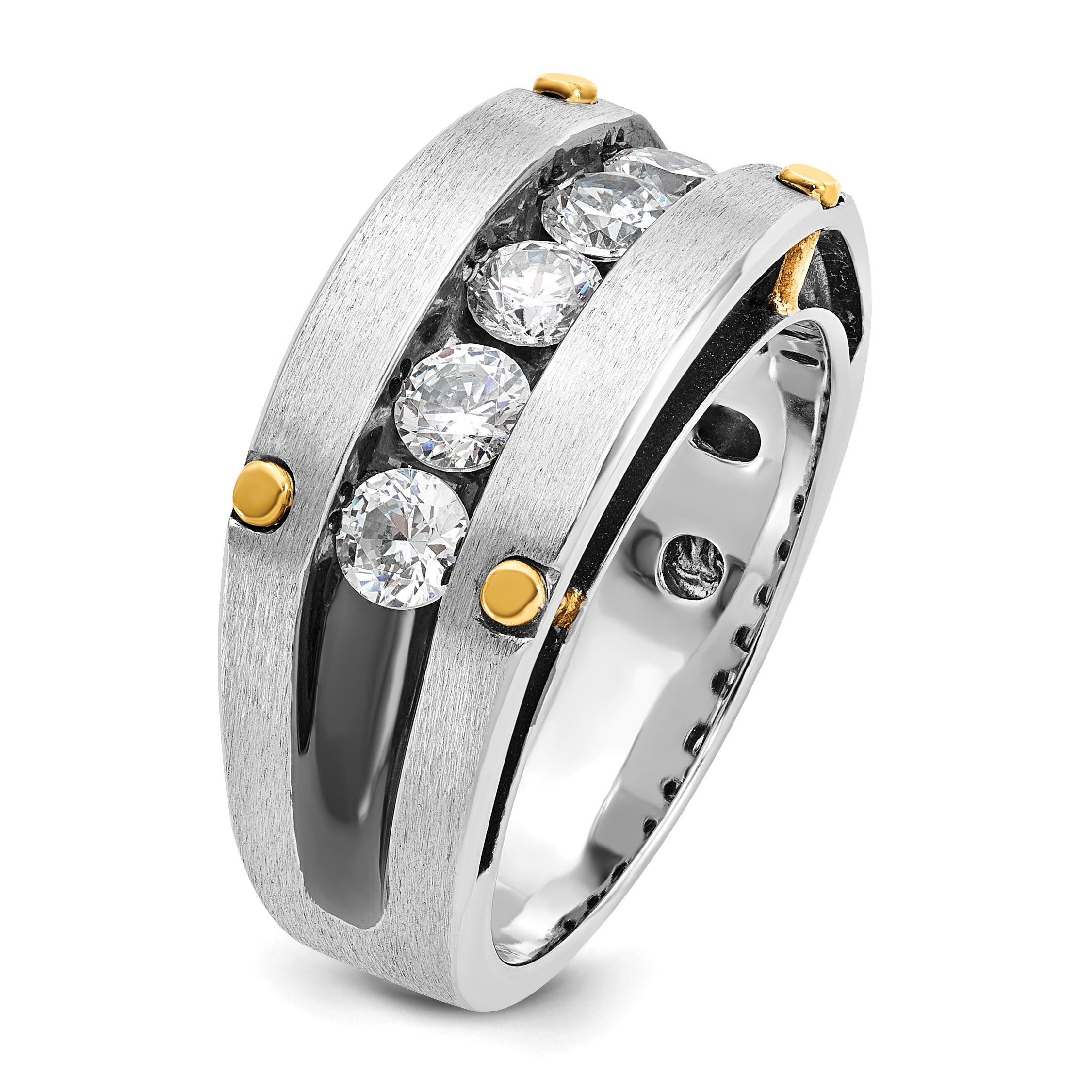 14k Two-tone Men's Polished Satin and Grooved 5-Stone Ring Mounting, Mounting Only - Sophia Jewelers