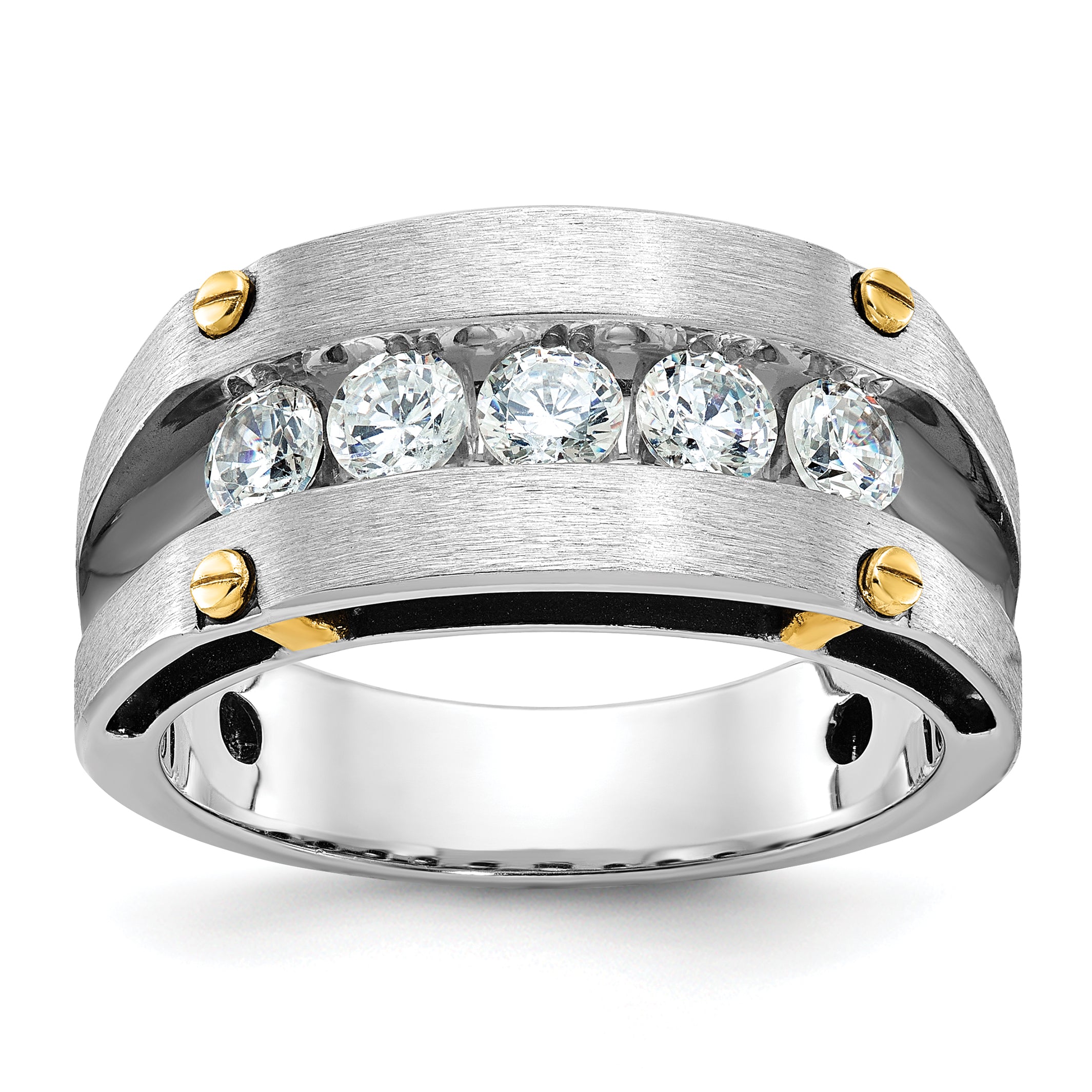 14k Two-tone Men's Polished Satin and Grooved 5-Stone Ring Mounting, Mounting Only - Sophia Jewelers