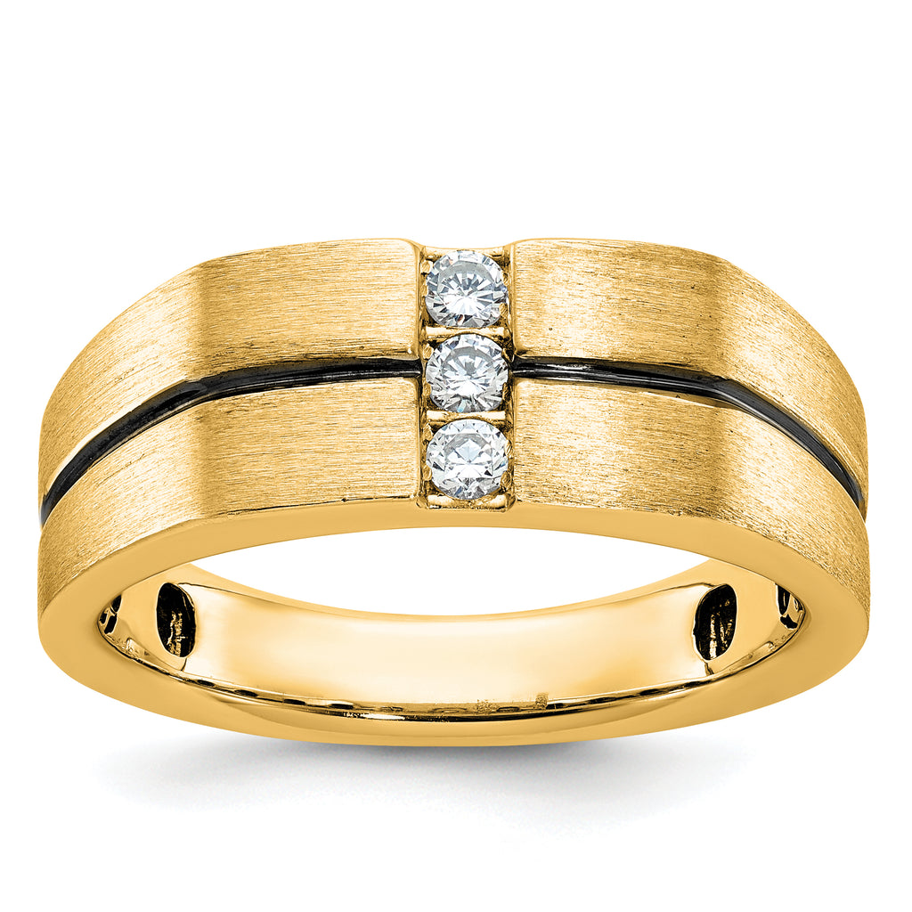 10k White Gold with Black Rhodium Men's Satin and Grooved 3-Stone 1/5 Carat A Quality Diamond Ring
