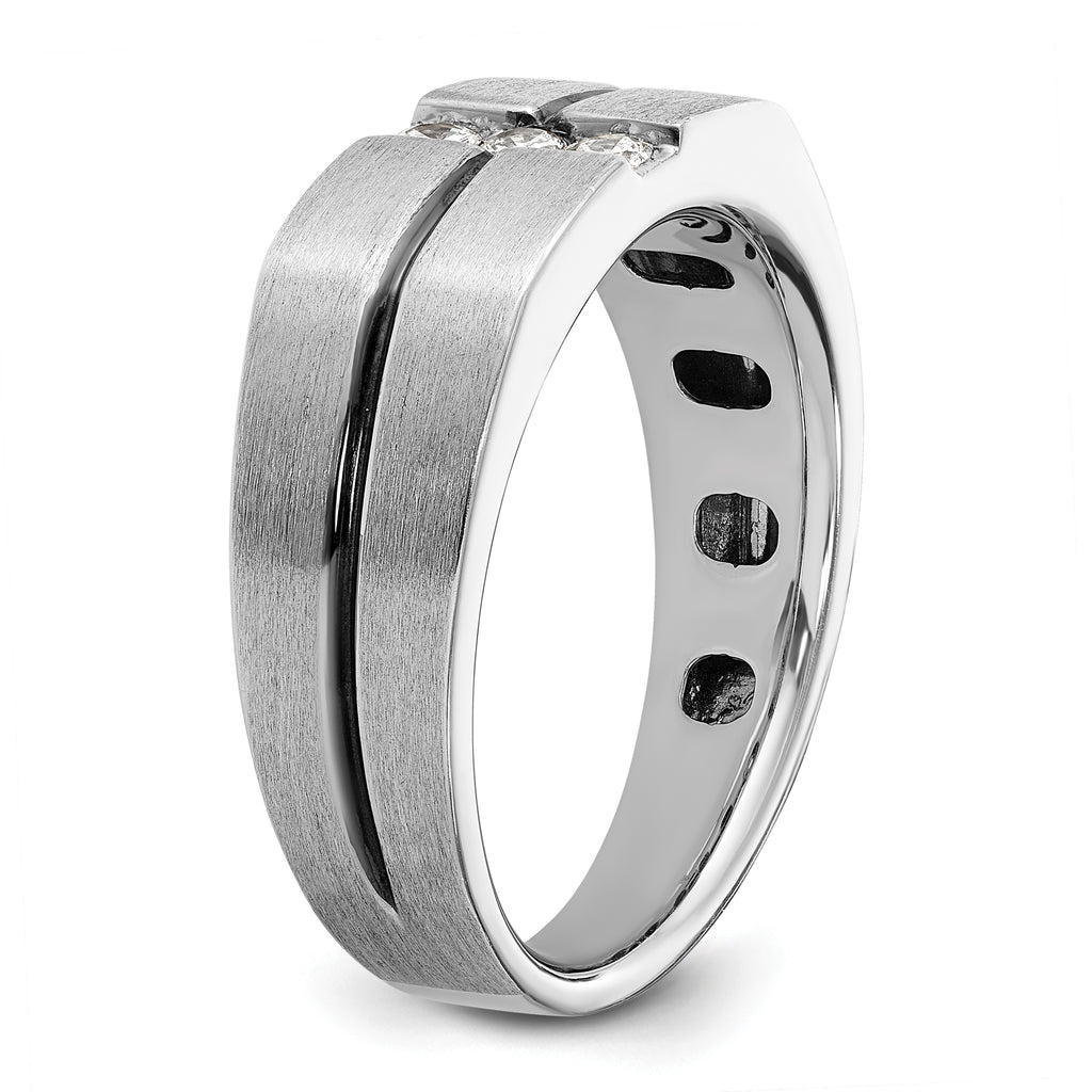 14k White Gold Satin and Grooved Three Stone Men's Ring Mounting, Mounting Only - Sophia Jewelers
