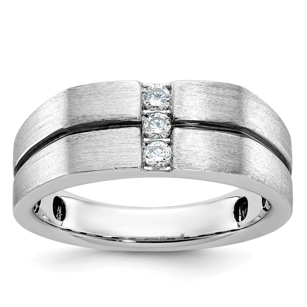 14k White Gold Satin and Grooved Three Stone Men's Ring Mounting, Mounting Only - Sophia Jewelers