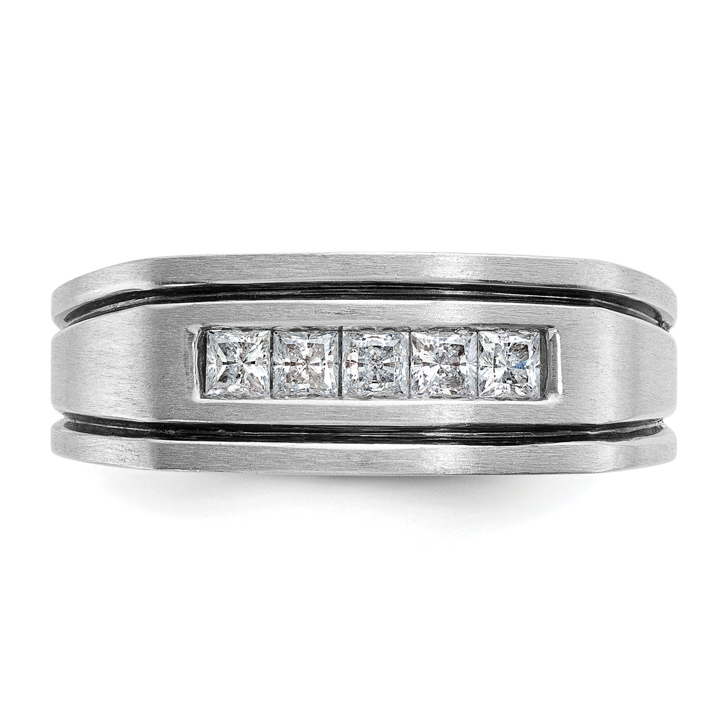 14k White Gold with Black Rhodium Men's Polished Satin and Grooved Square 5-Stone 1/2 Carat AA Quali - Sophia Jewelers