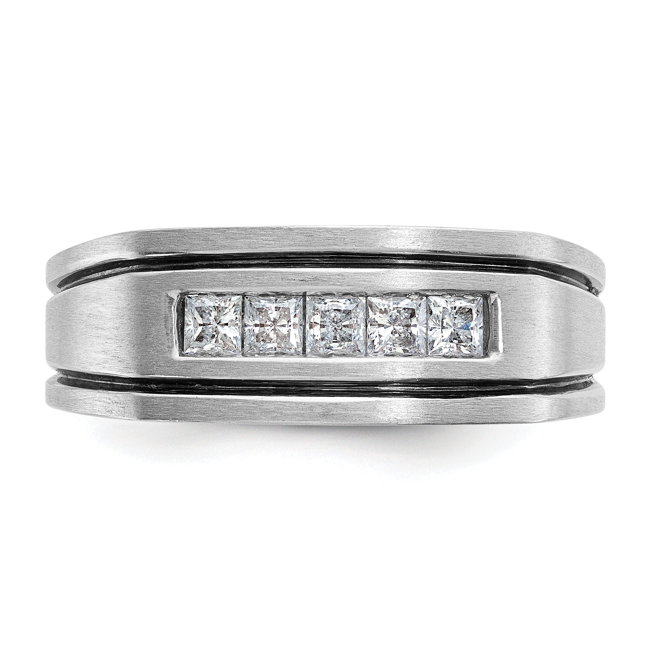 14k White Gold with Black Rhodium Men's Polished Satin and Grooved Square 5-Stone 1/2 Carat AA Quali - Sophia Jewelers