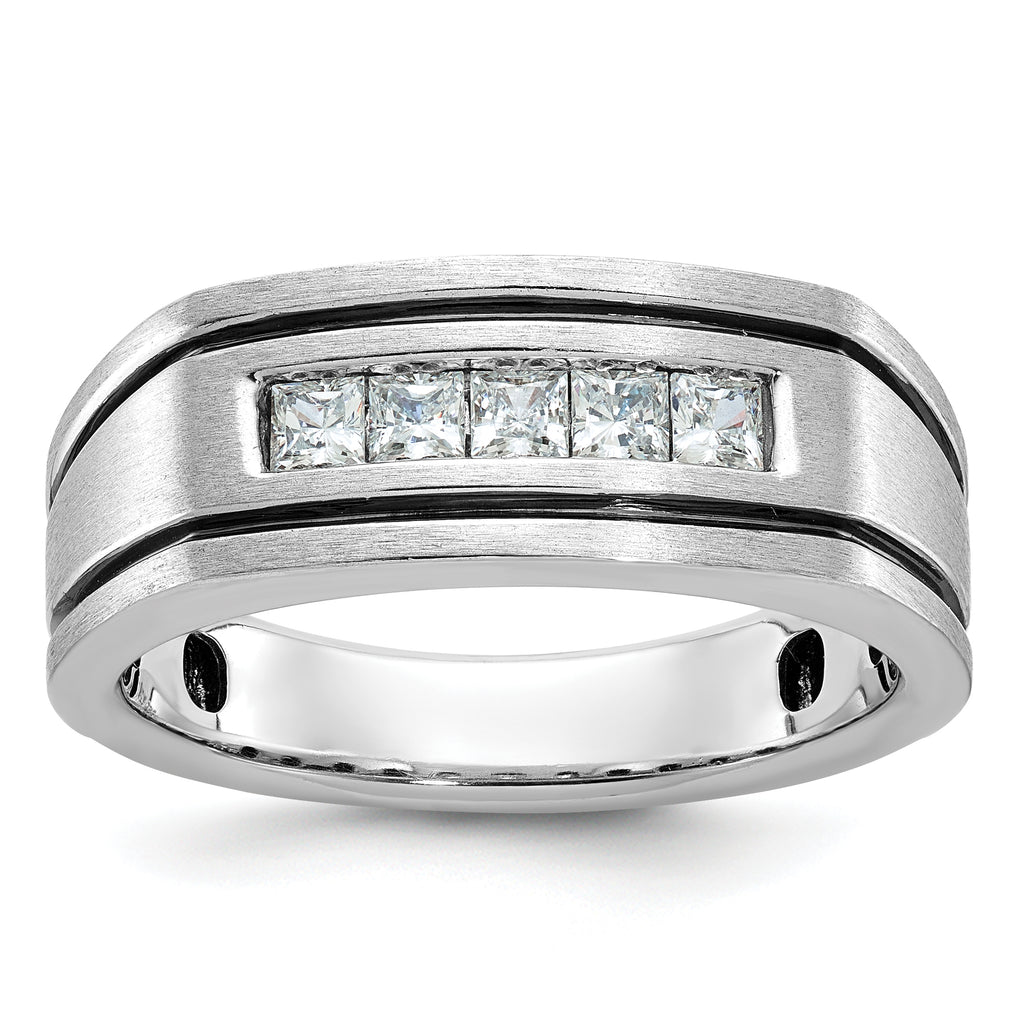 14k White Gold Men's Polished Satin and Grooved Square 5-Stone Ring Mounting, Mounting Only - Sophia Jewelers