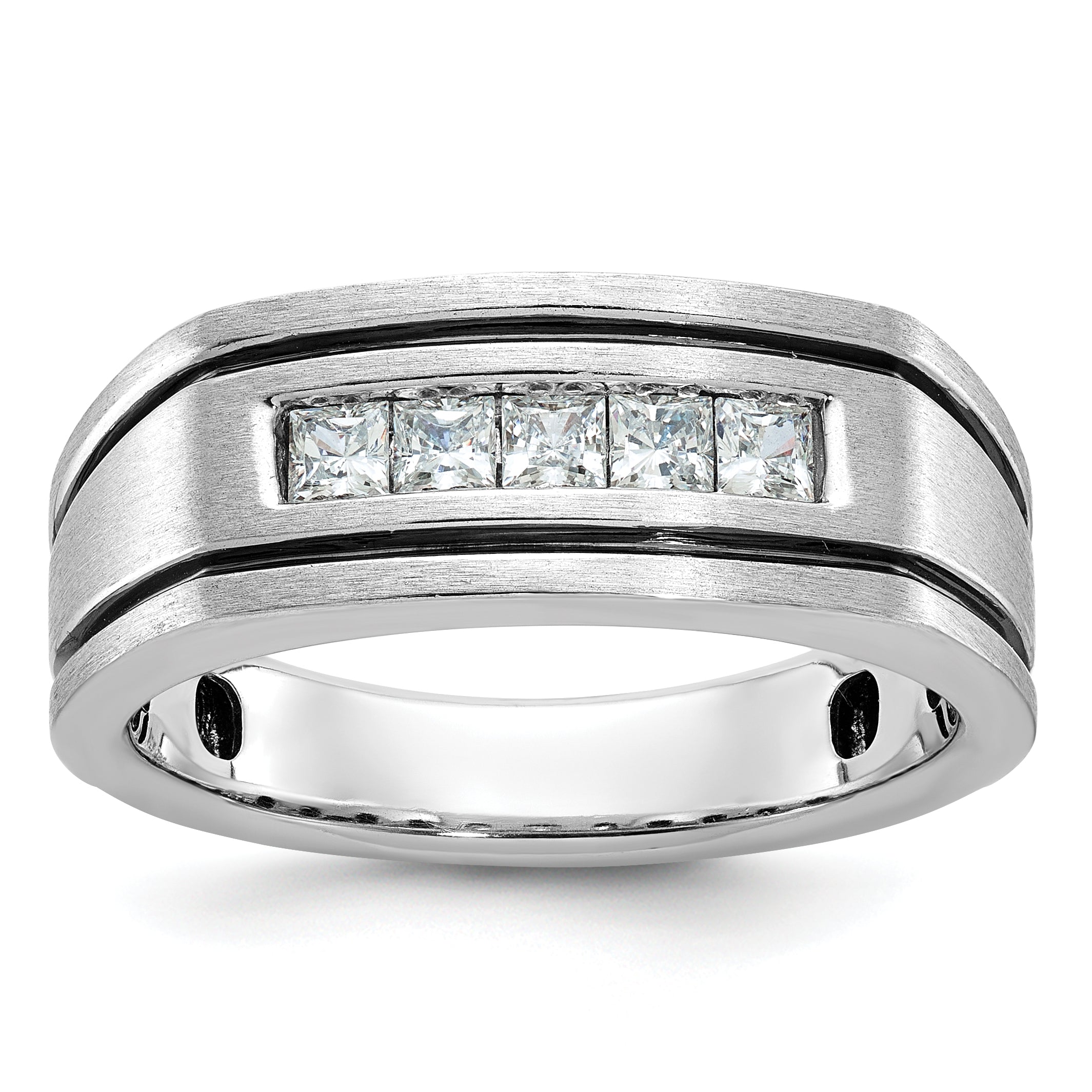 14k White Gold Men's Polished Satin and Grooved Square 5-Stone Ring Mounting, Mounting Only - Sophia Jewelers