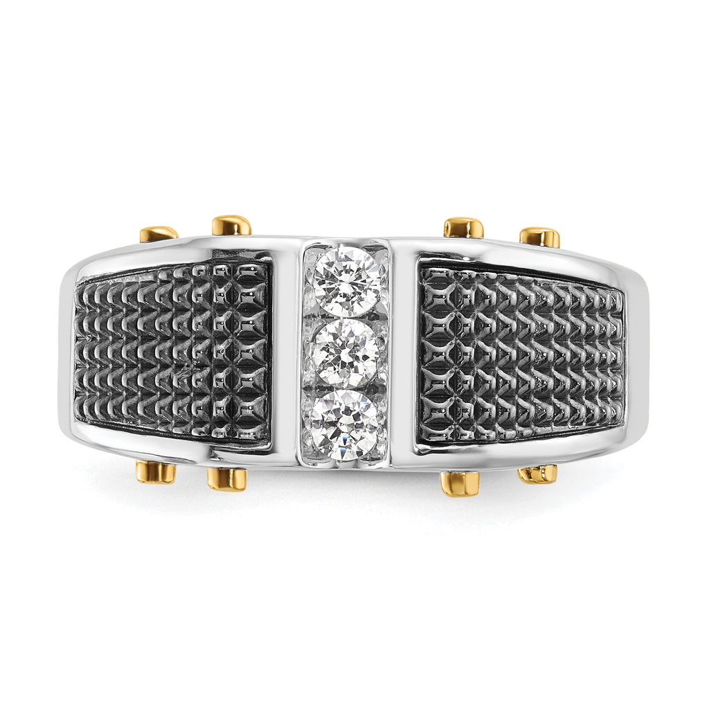 14k Two-tone with Black Rhodium Men's Polished and Textured 3-Stone 1/4 Carat AA Quality Diamond Rin - Sophia Jewelers