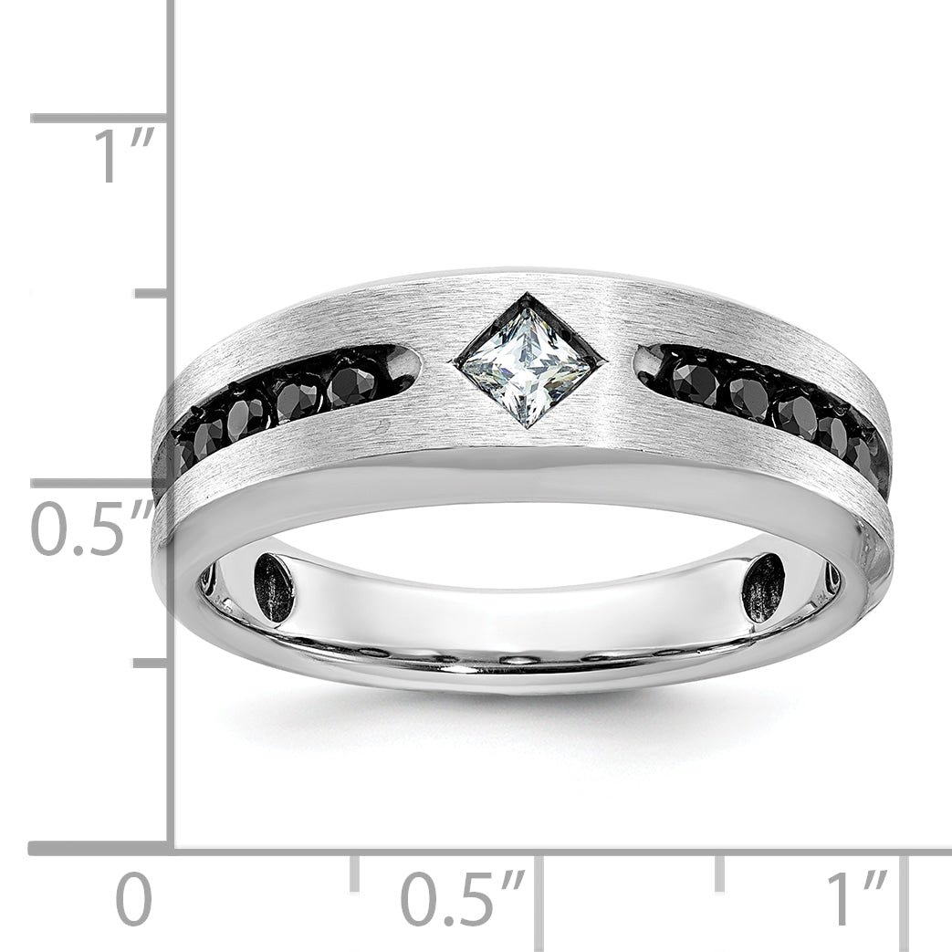 14k White Gold Men's Polished Satin and Grooved Square Stone Center Ring Mounting, Mounting Only - Sophia Jewelers