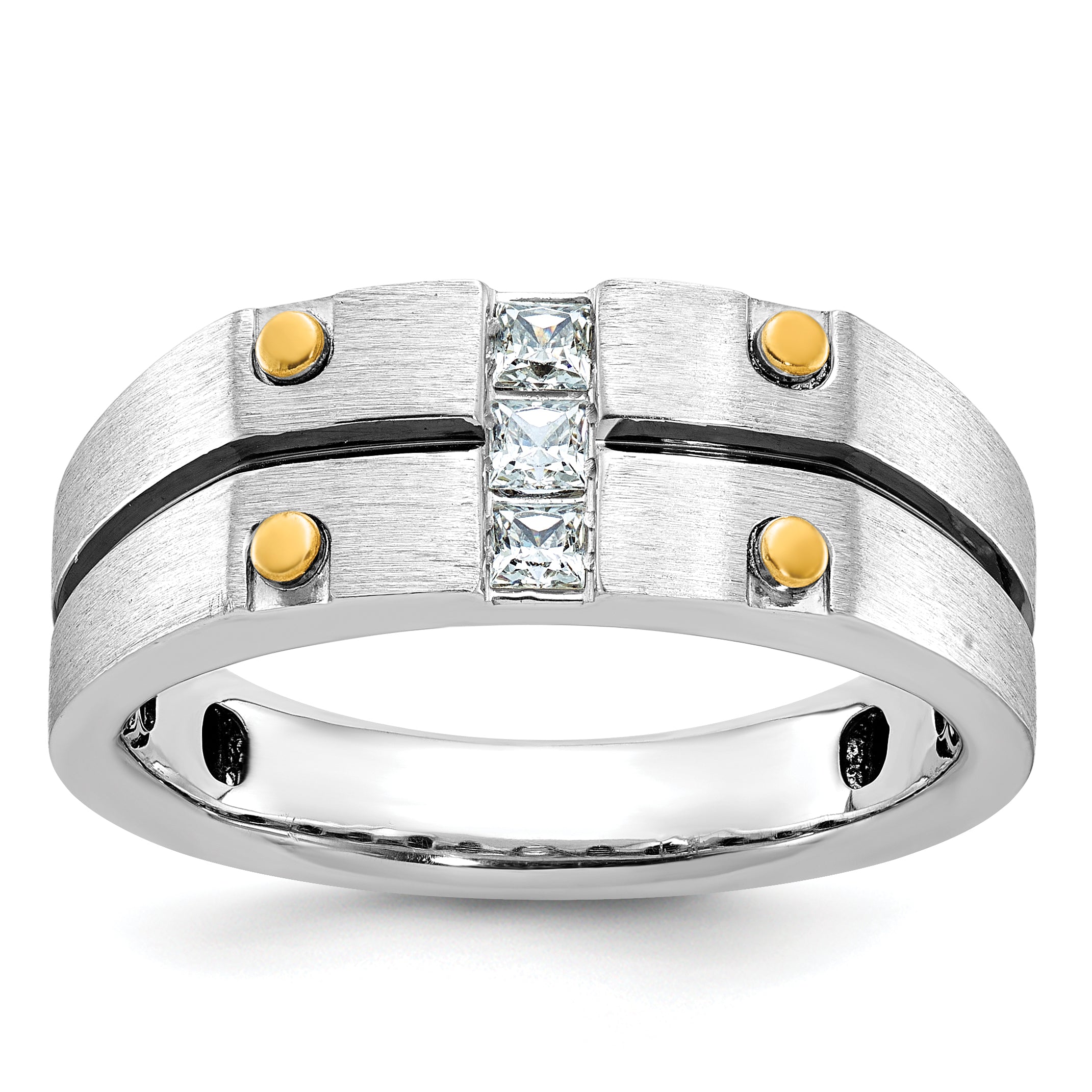 10k Two-tone Men's w/Black Rhod Satin Diamond Complete Ring Main image