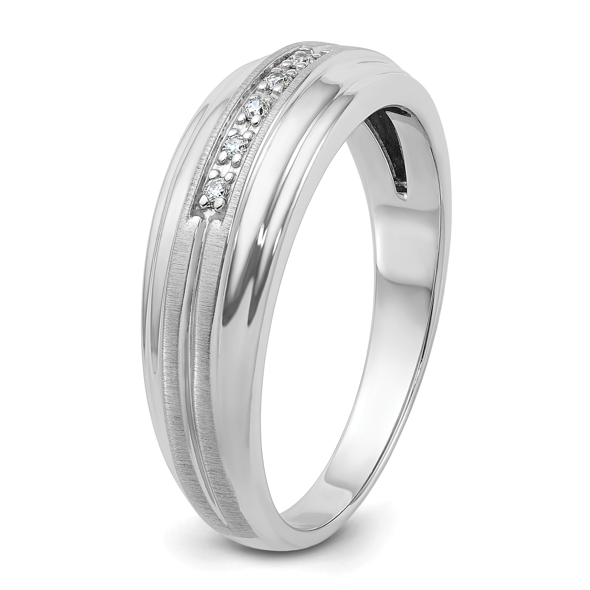 10k White Gold Men's Polished Satin and Grooved 5-Stone 1/20 Carat A Quality Diamond Ring