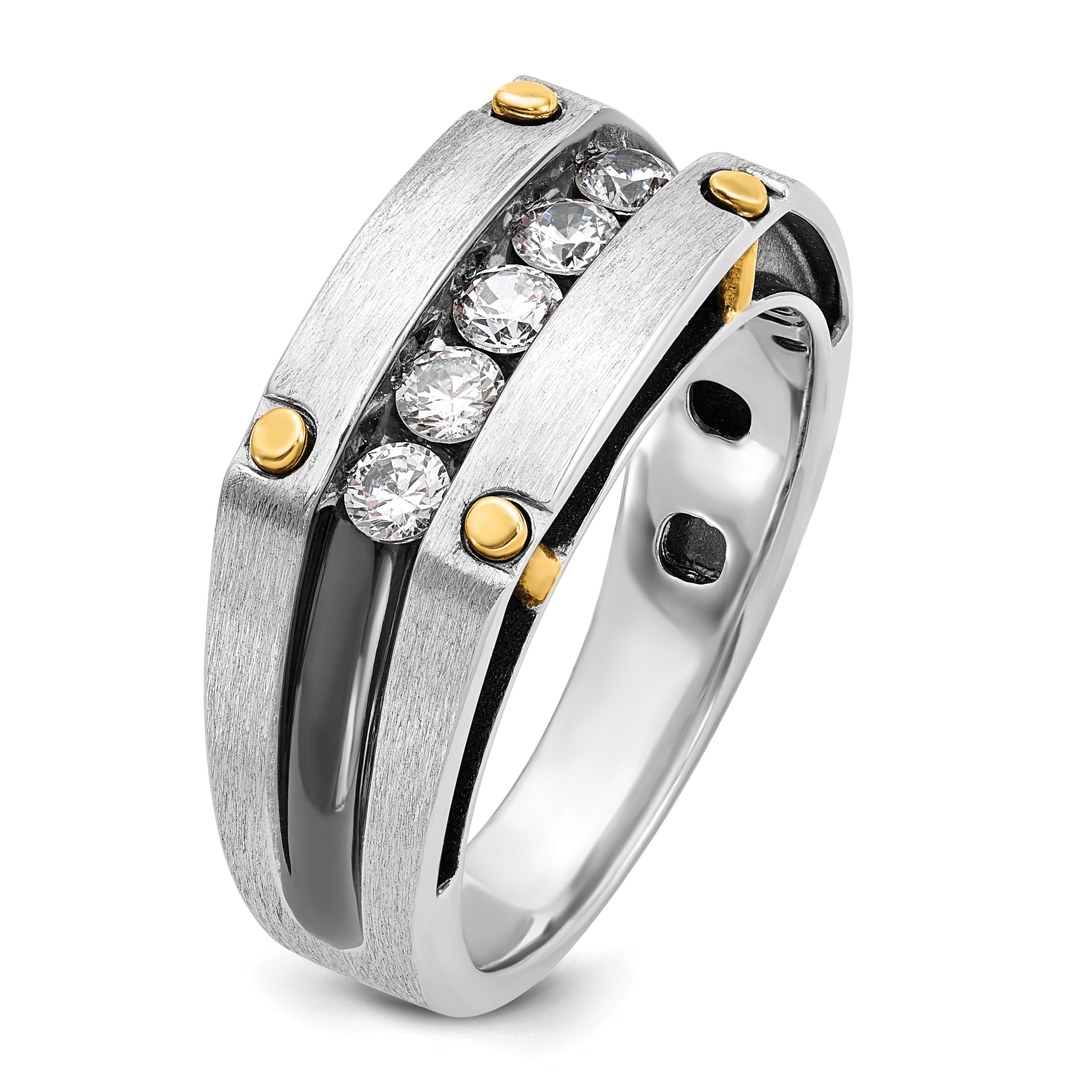 14k Two-tone with Black Rhodium Men's Polished Satin and Grooved 5-Stone 1/2 Carat AA Quality Diamon - Sophia Jewelers