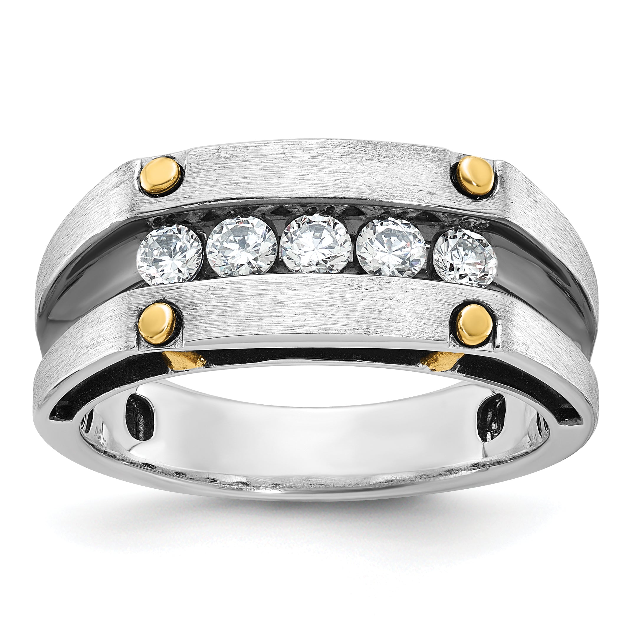 14k Two-tone with Black Rhodium Men's Polished Satin and Grooved 5-Stone 1/2 Carat AA Quality Diamon - Sophia Jewelers