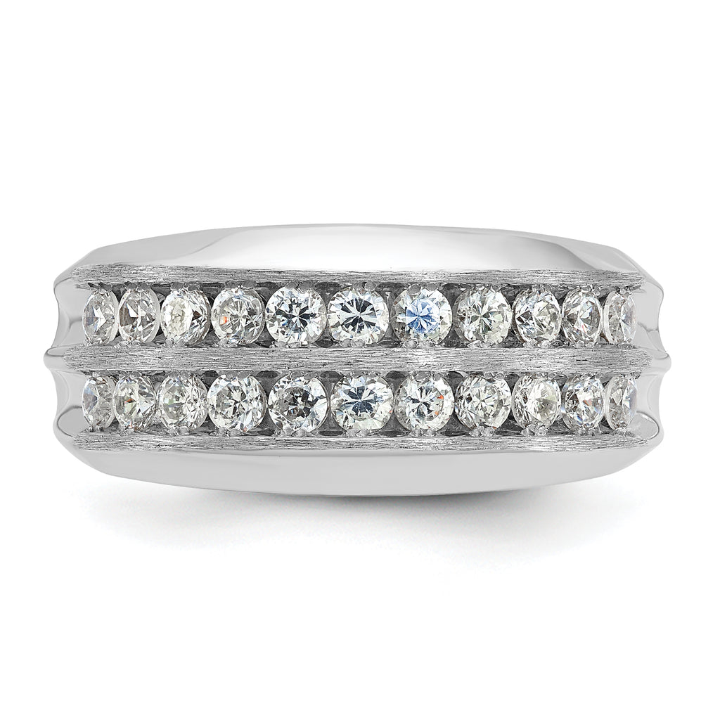 14k White Gold Men's Polished Satin and Grooved 2-Row 1 Carat AA Quality Diamond Ring - Sophia Jewelers