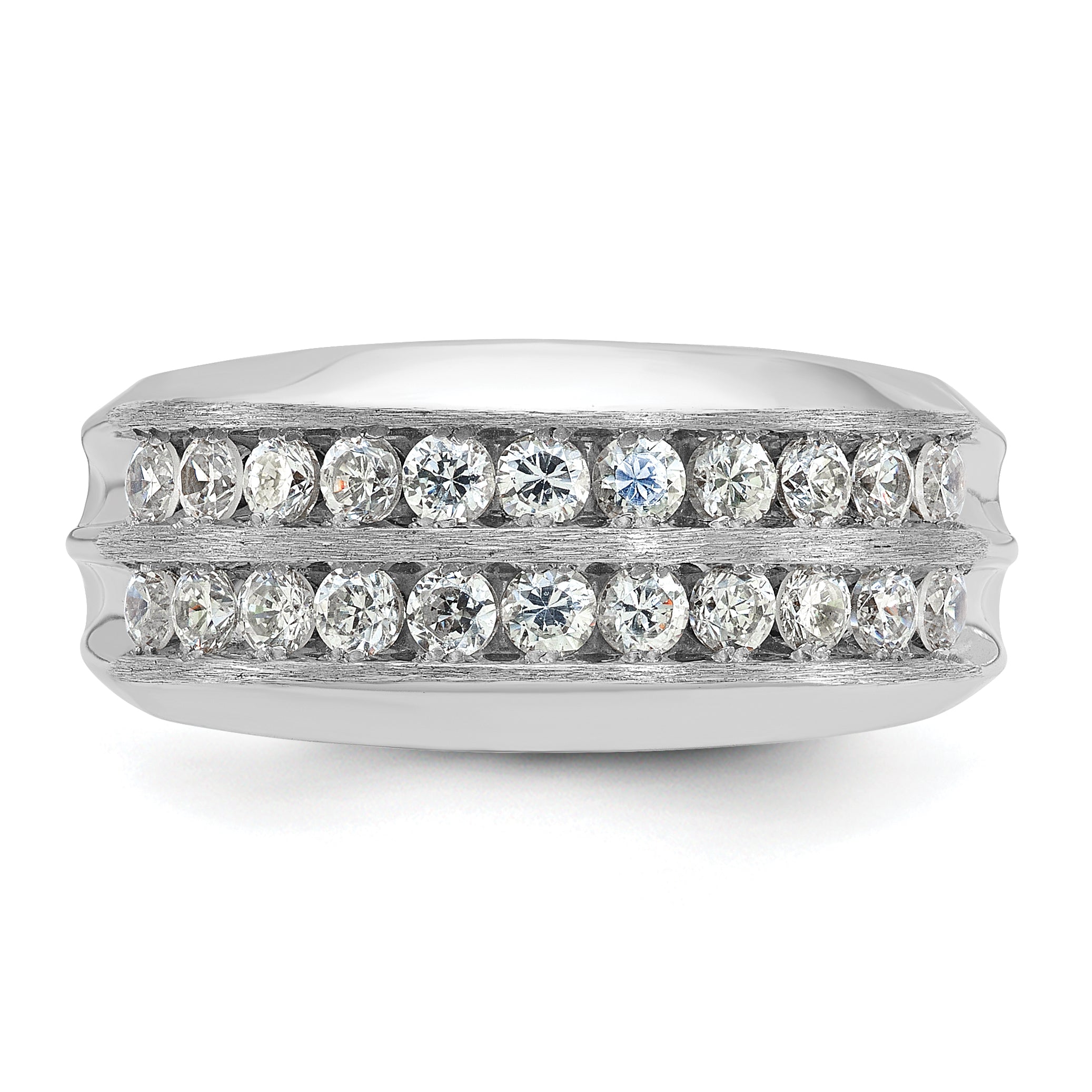 14k White Gold Men's Polished Satin and Grooved 2-Row 1 Carat AA Quality Diamond Ring - Sophia Jewelers