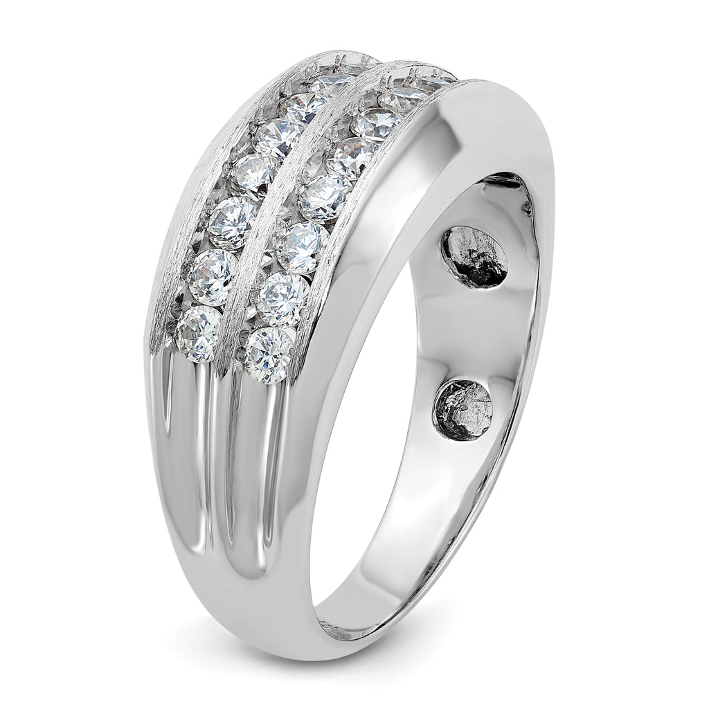 14k White Gold Men's Polished Satin and Grooved 2-Row 1 Carat AA Quality Diamond Ring - Sophia Jewelers