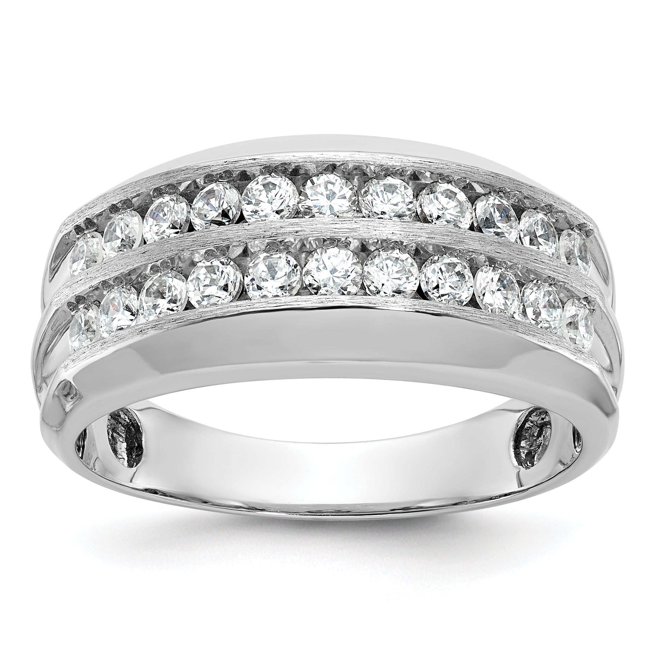 14k White Gold Men's Polished Satin and Grooved 2-Row 1 Carat AA Quality Diamond Ring - Sophia Jewelers Main image
