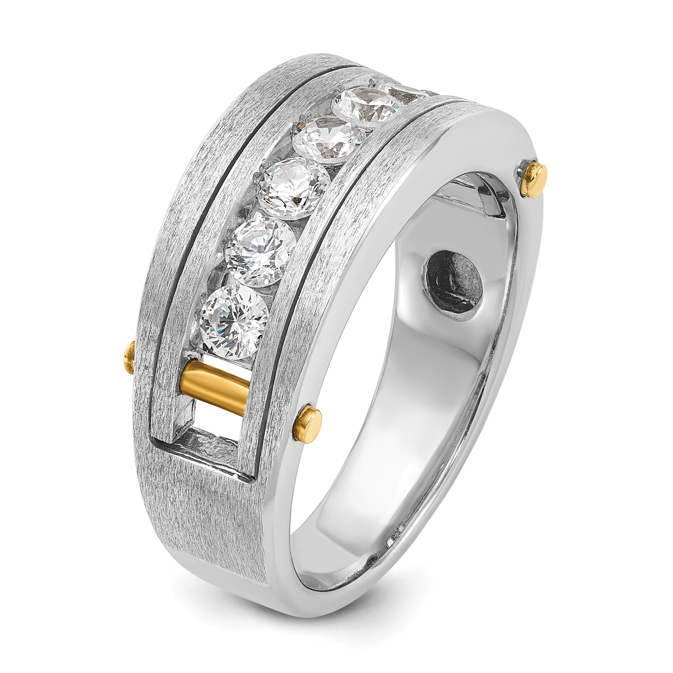 14k Two-tone Men's Polished Satin and Grooved 7-Stone 1 Carat AA Quality Diamond Ring - Sophia Jewelers