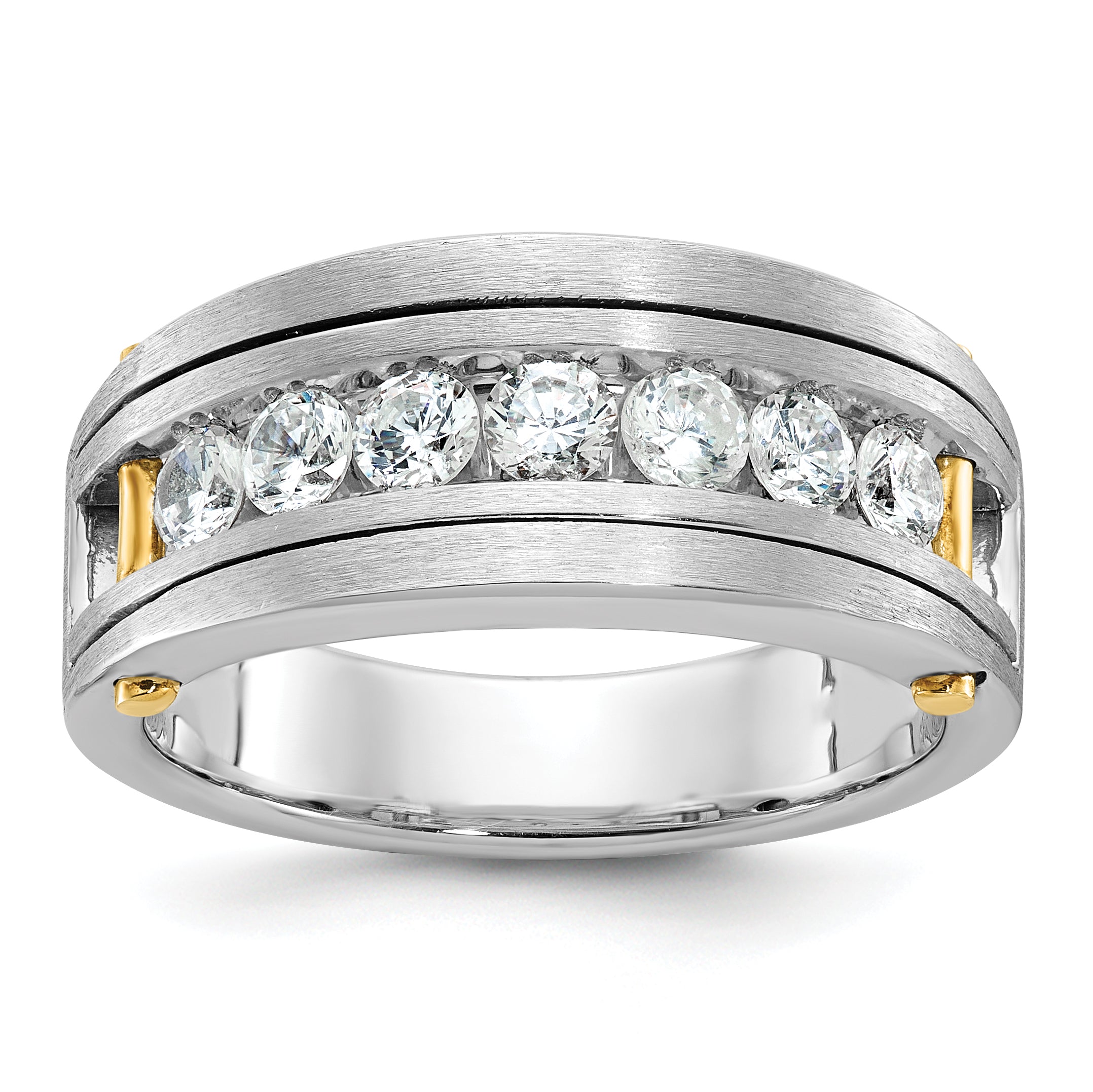 14k Two-tone Men's Polished Satin and Grooved 7-Stone Ring Mounting, Mounting Only - Sophia Jewelers