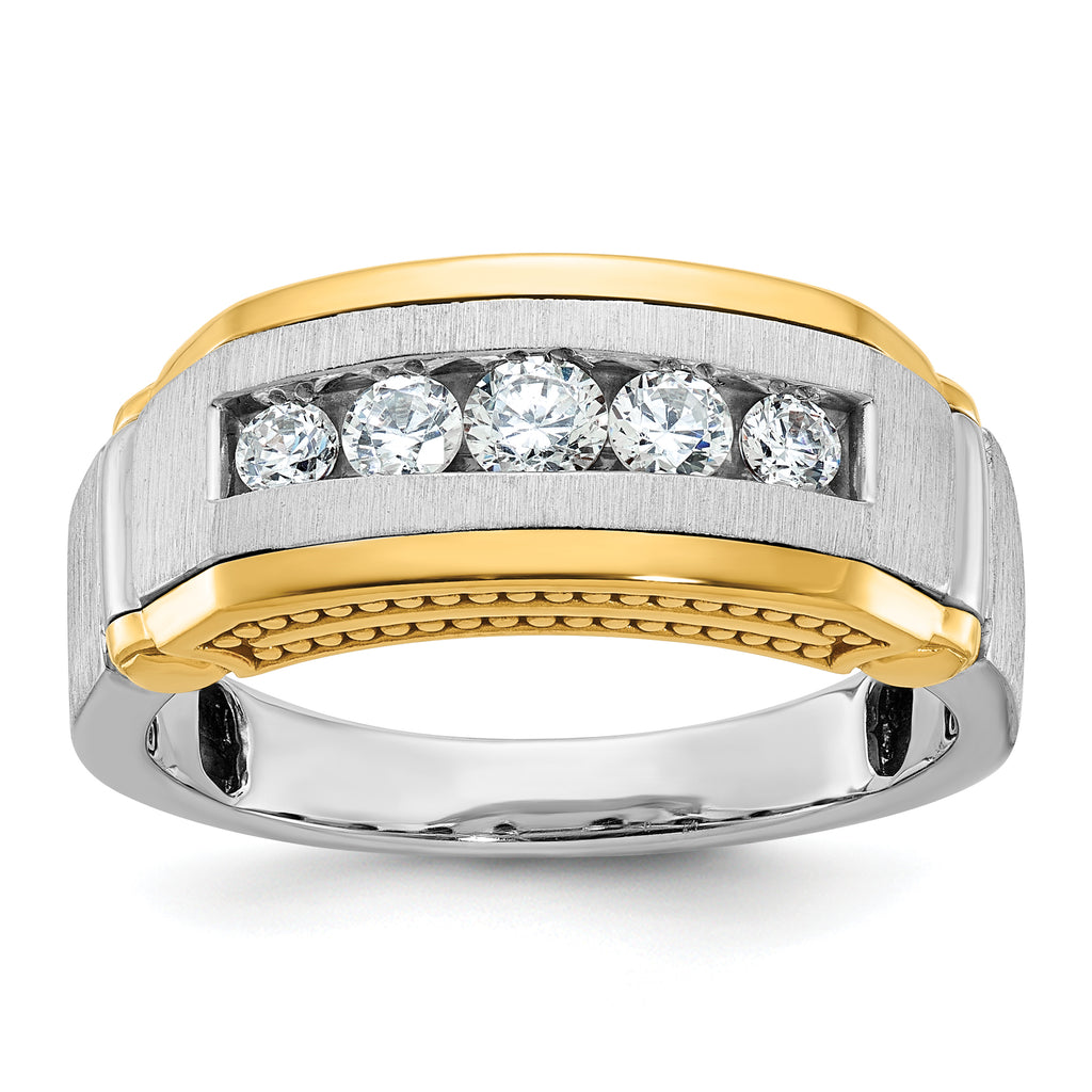 14k Two-tone Men's Polished Satin and Beaded 5-Stone Ring Mounting, Mounting Only - Sophia Jewelers