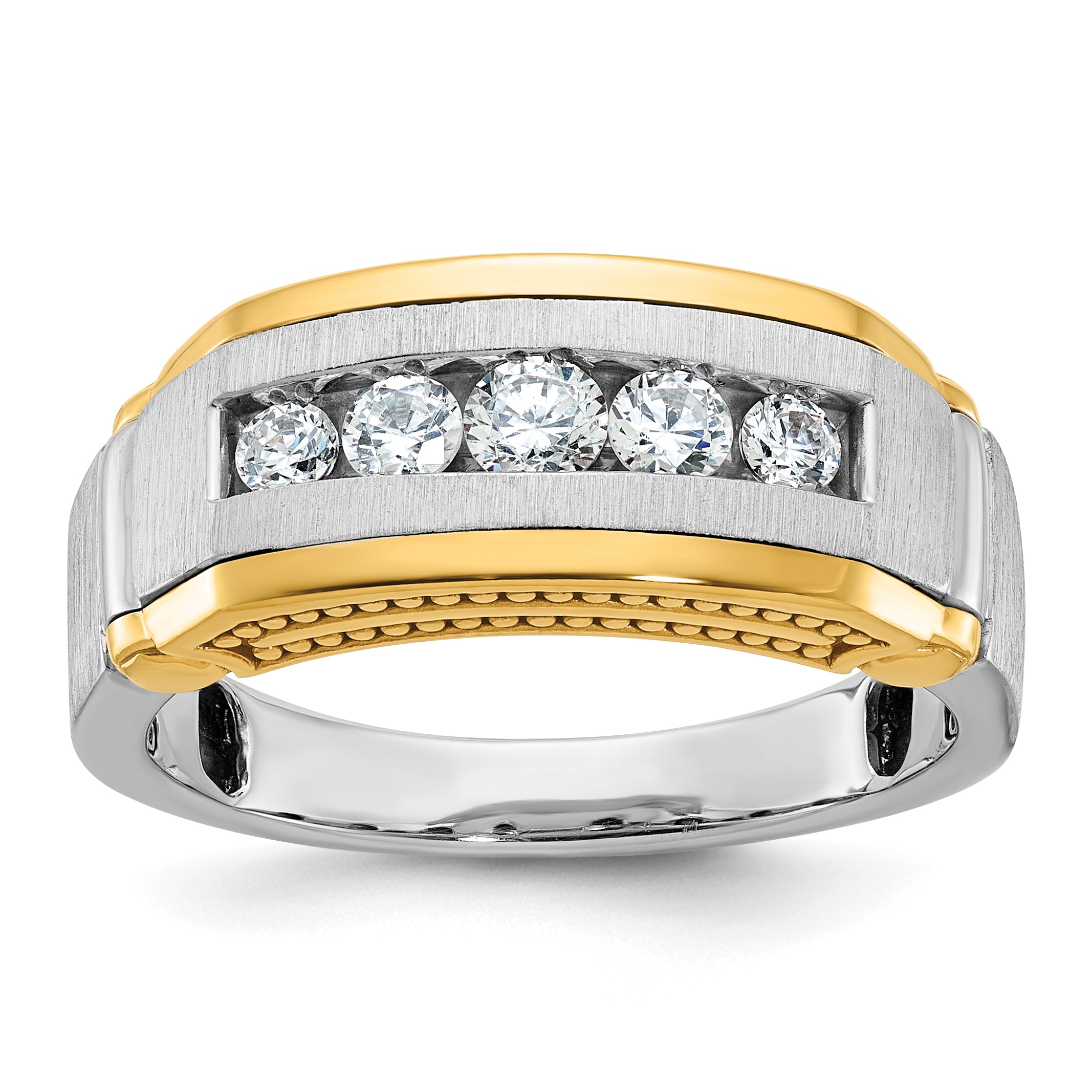 14k Two-tone Men's Polished Satin and Beaded 5-Stone Ring Mounting, Mounting Only - Sophia Jewelers