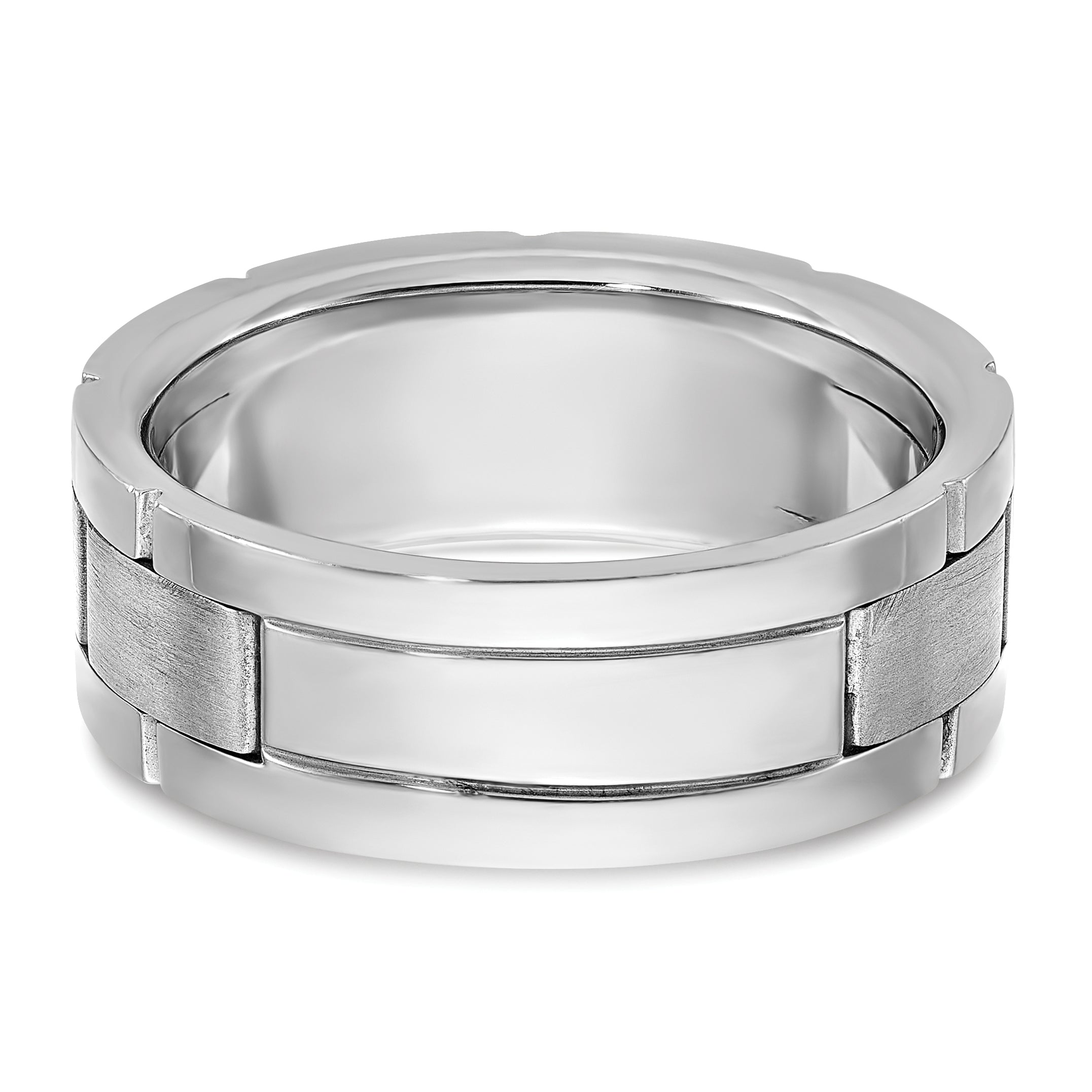 14k White Gold Three Stone Polished Satin and Grooved Men's Ring Mounting, Mounting Only - Sophia Jewelers