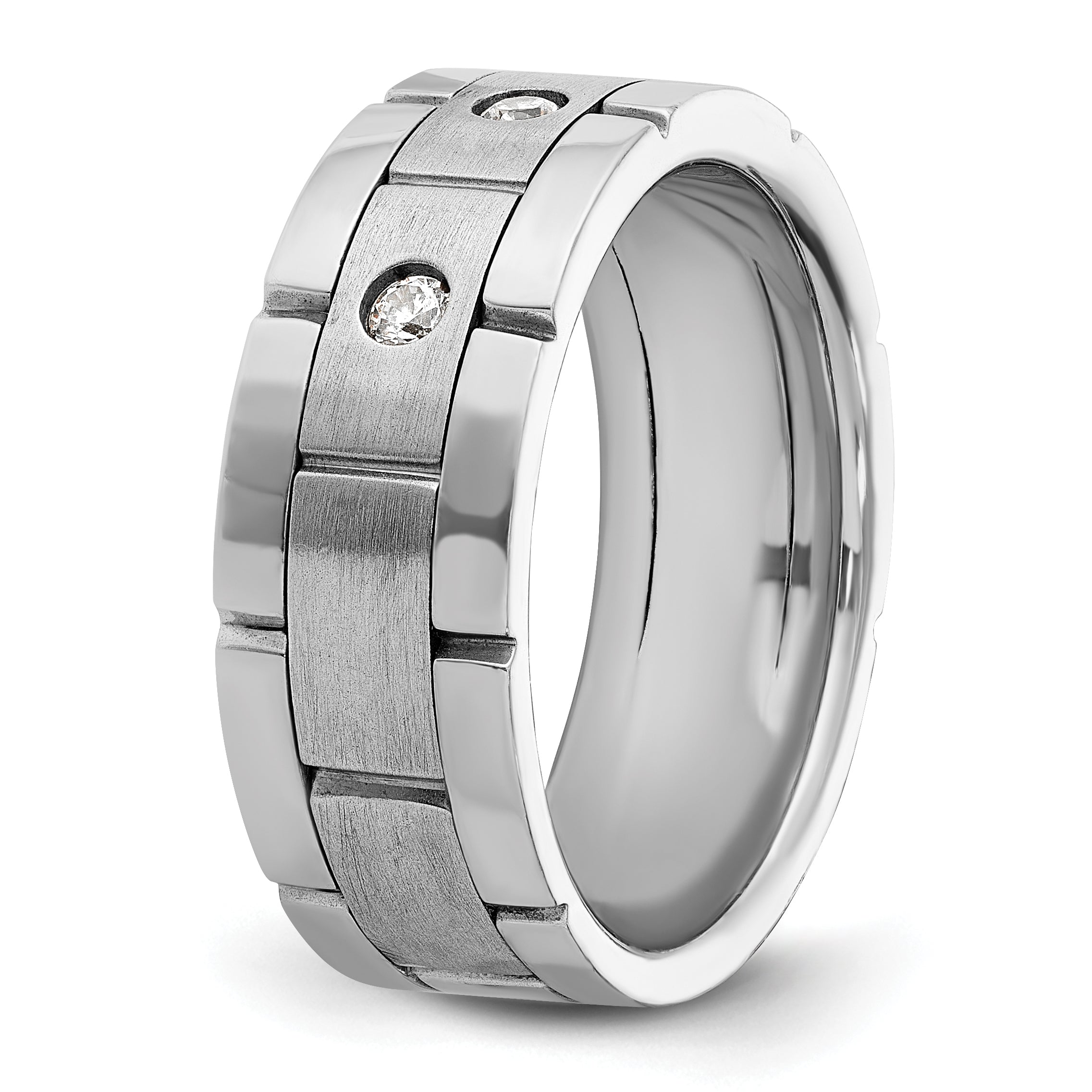 14k White Gold Three Stone Polished Satin and Grooved Men's Ring Mounting, Mounting Only - Sophia Jewelers