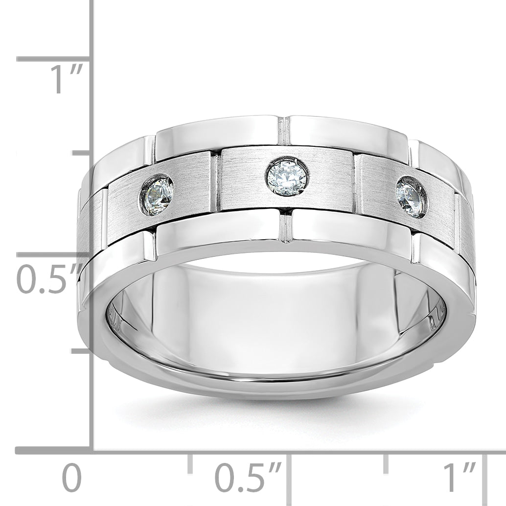 14k White Gold Three Stone Polished Satin and Grooved Men's Ring Mounting, Mounting Only - Sophia Jewelers