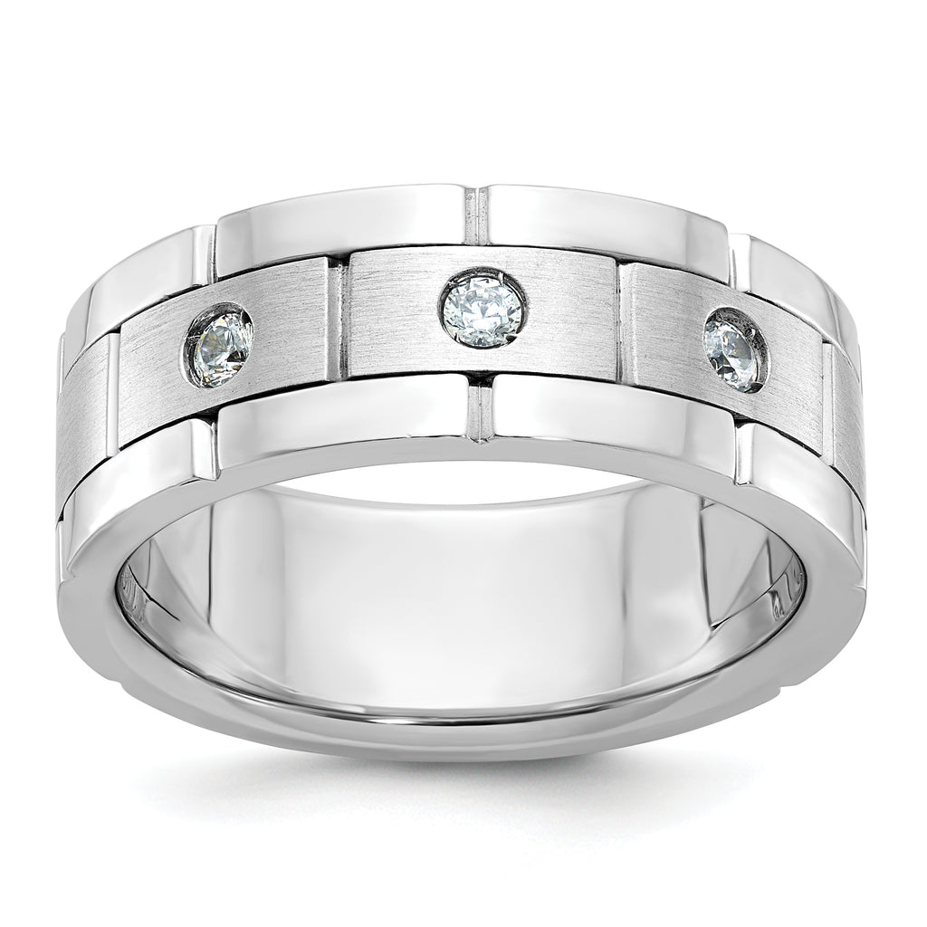 14k White Gold Three Stone Polished Satin and Grooved Men's Ring Mounting, Mounting Only - Sophia Jewelers