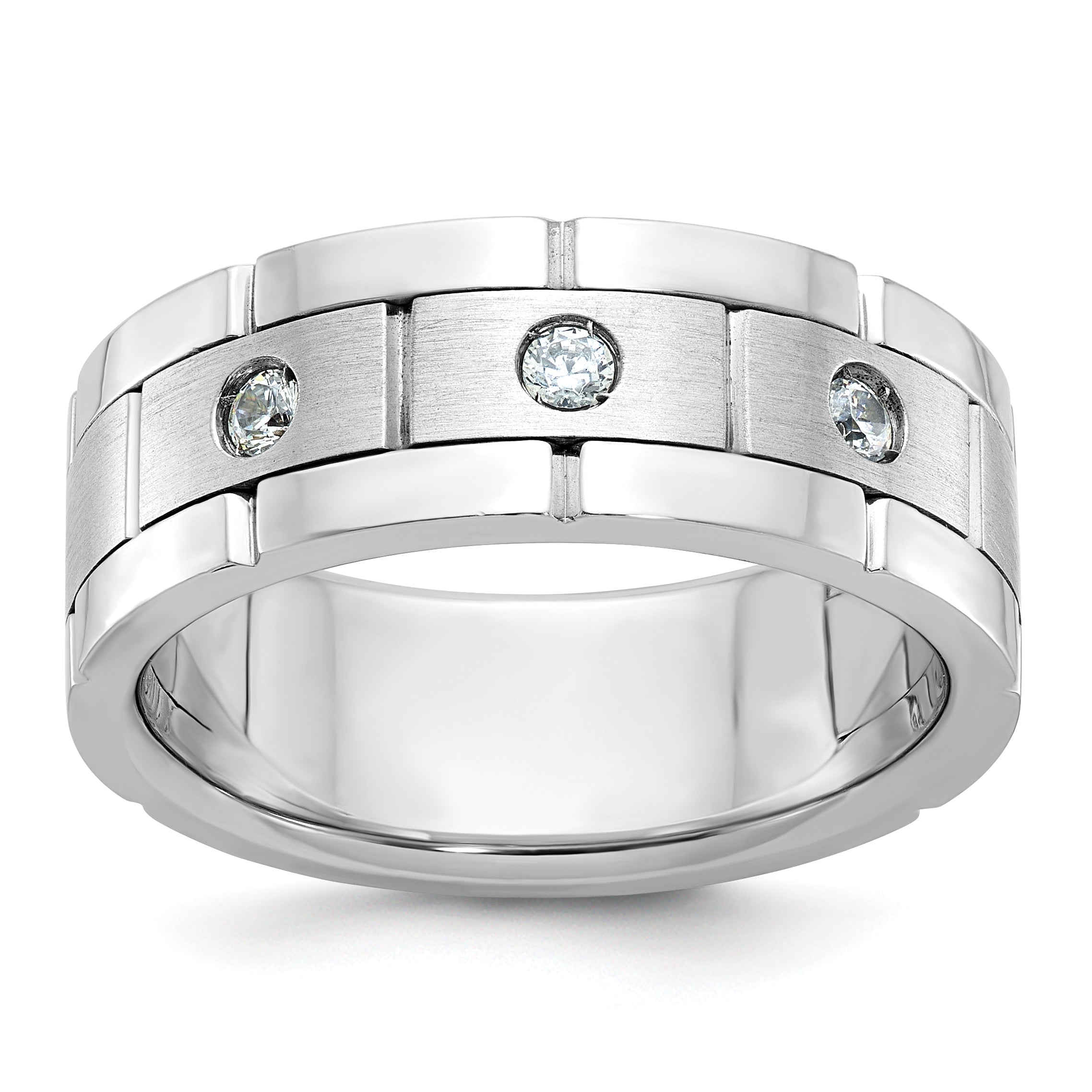 14k White Gold Three Stone Polished Satin and Grooved Men's Ring Mounting, Mounting Only - Sophia Jewelers